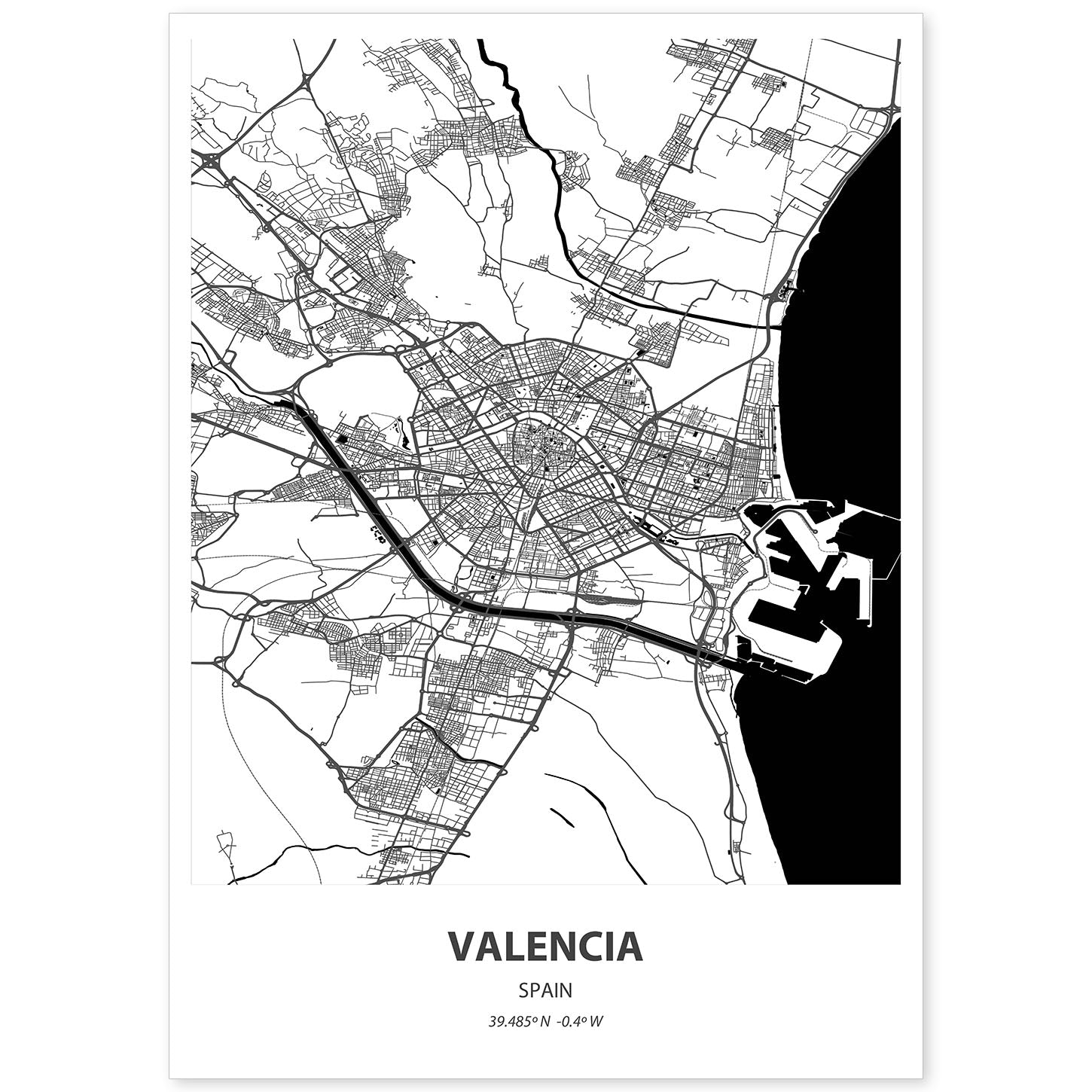 Poster con mapa de Valencia - España. Láminas de ciudades de España con mares y ríos en color negro.-Artwork-Nacnic-A4-Sin marco-Nacnic Estudio SL