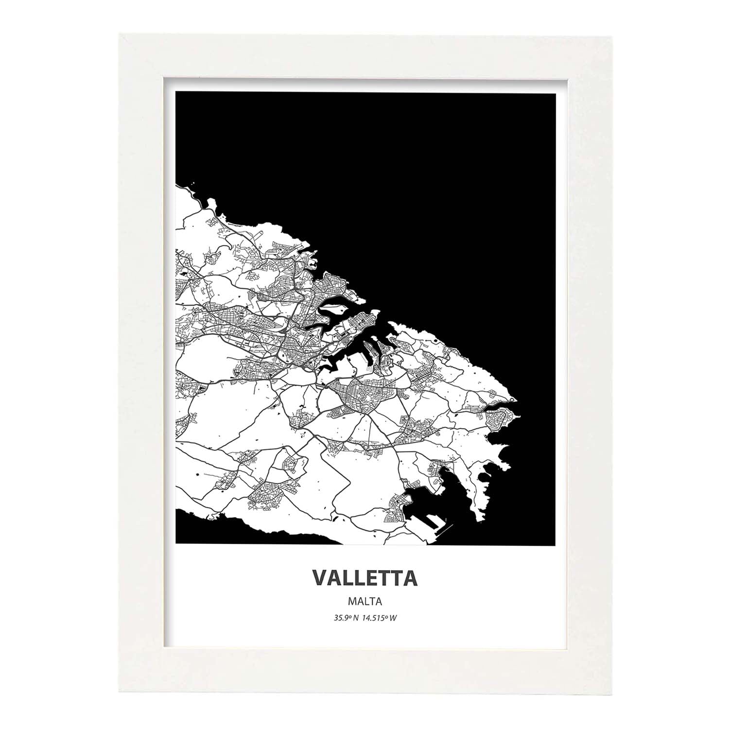 Poster con mapa de Valletta - Malta. Láminas de ciudades de Europa con mares y ríos en color negro.-Artwork-Nacnic-A3-Marco Blanco-Nacnic Estudio SL
