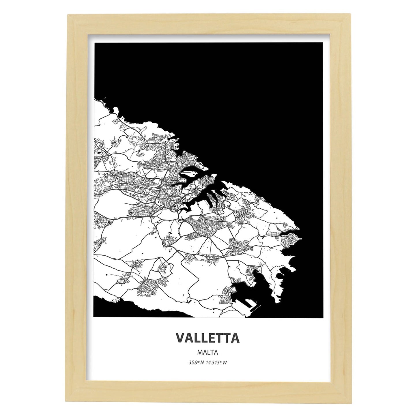 Poster con mapa de Valletta - Malta. Láminas de ciudades de Europa con mares y ríos en color negro.-Artwork-Nacnic-A3-Marco Madera clara-Nacnic Estudio SL