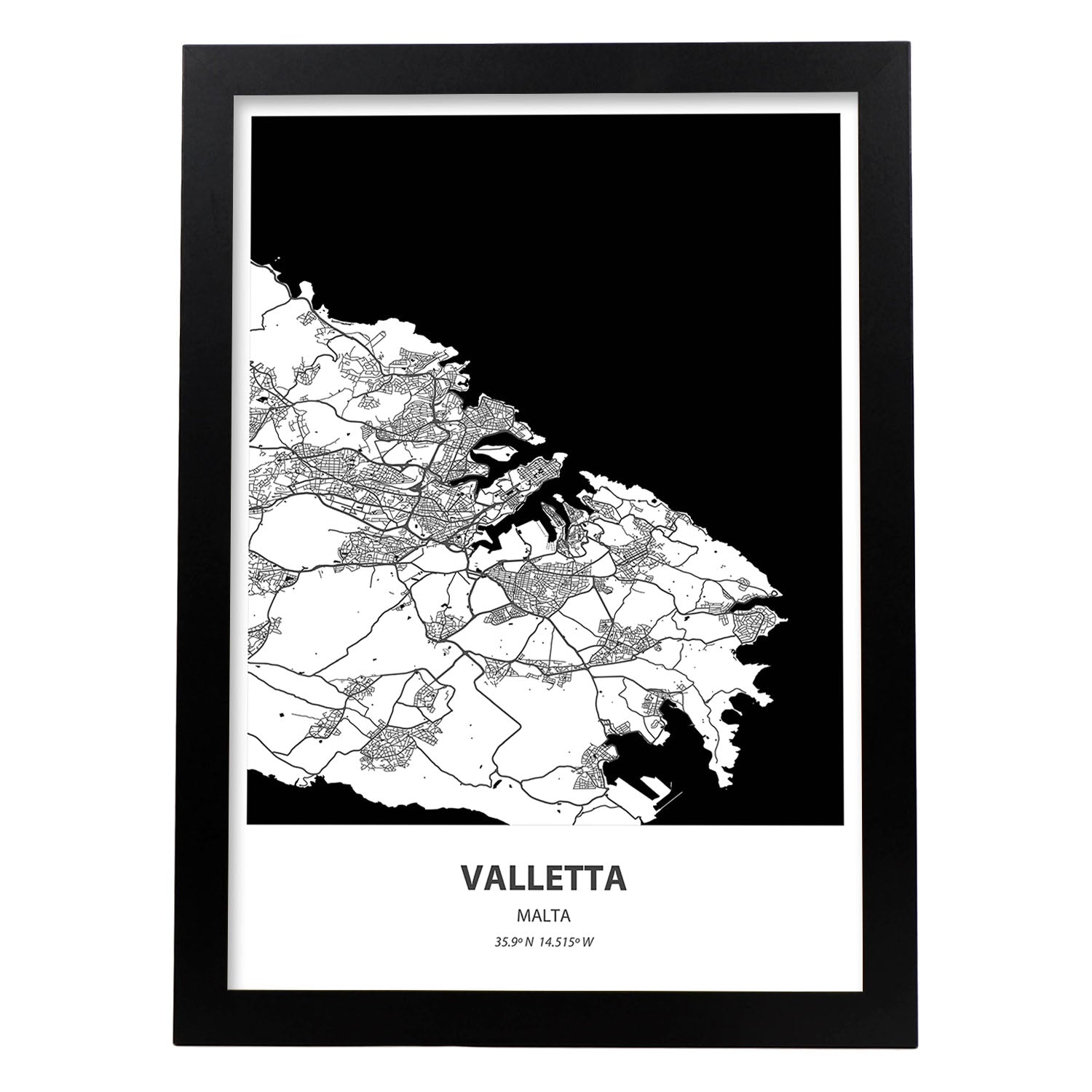 Poster con mapa de Valletta - Malta. Láminas de ciudades de Europa con mares y ríos en color negro.-Artwork-Nacnic-A3-Marco Negro-Nacnic Estudio SL