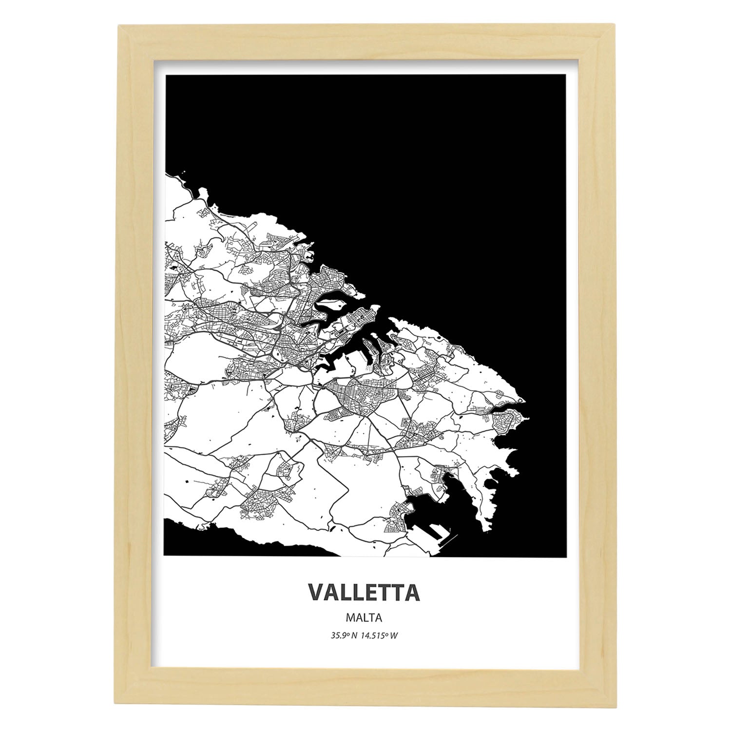 Poster con mapa de Valletta - Malta. Láminas de ciudades de Europa con mares y ríos en color negro.-Artwork-Nacnic-A4-Marco Madera clara-Nacnic Estudio SL