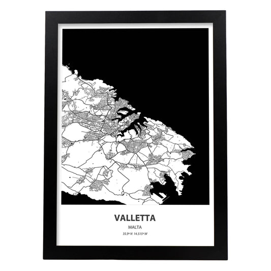 Poster con mapa de Valletta - Malta. Láminas de ciudades de Europa con mares y ríos en color negro.-Artwork-Nacnic-A4-Marco Negro-Nacnic Estudio SL