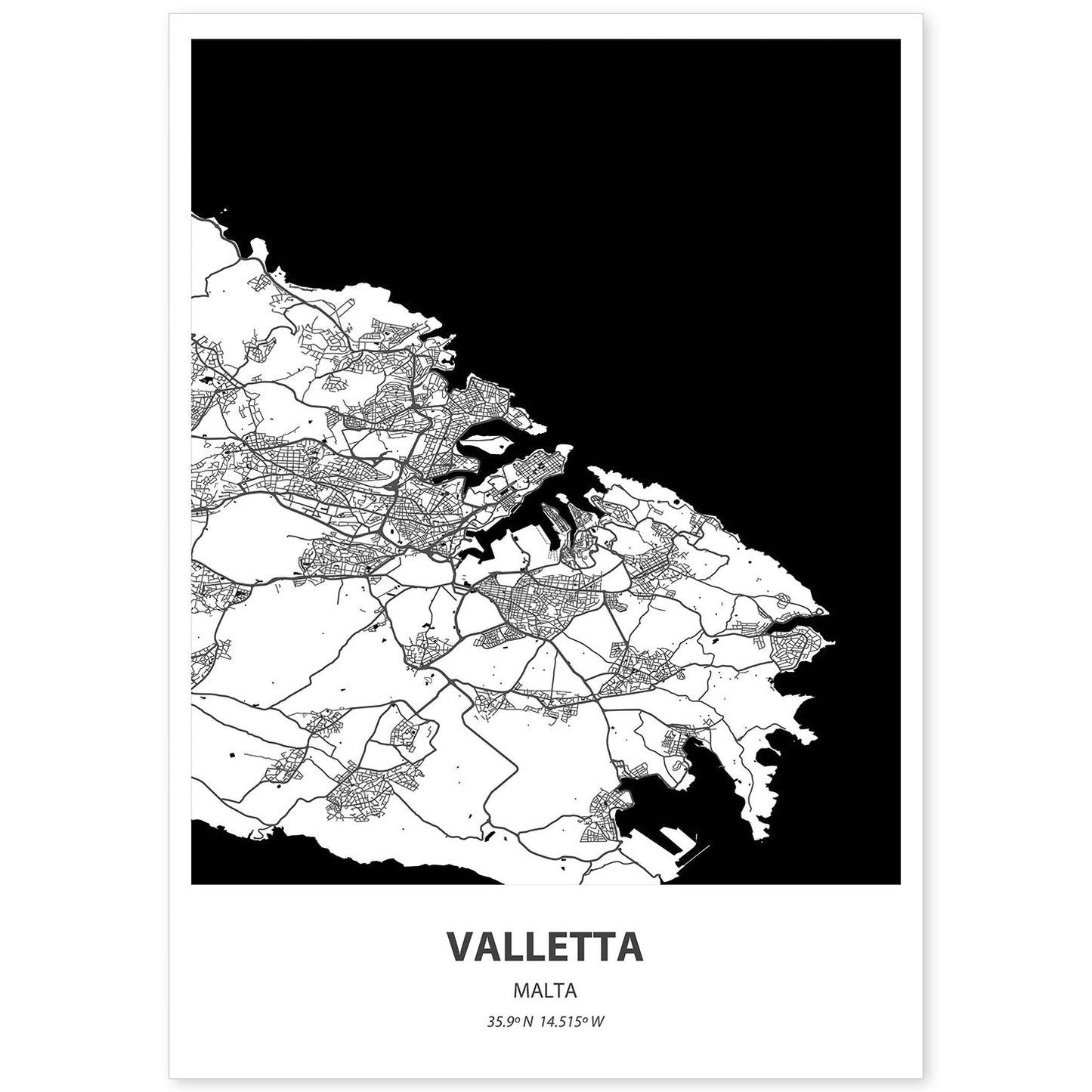 Poster con mapa de Valletta - Malta. Láminas de ciudades de Europa con mares y ríos en color negro.-Artwork-Nacnic-A4-Sin marco-Nacnic Estudio SL