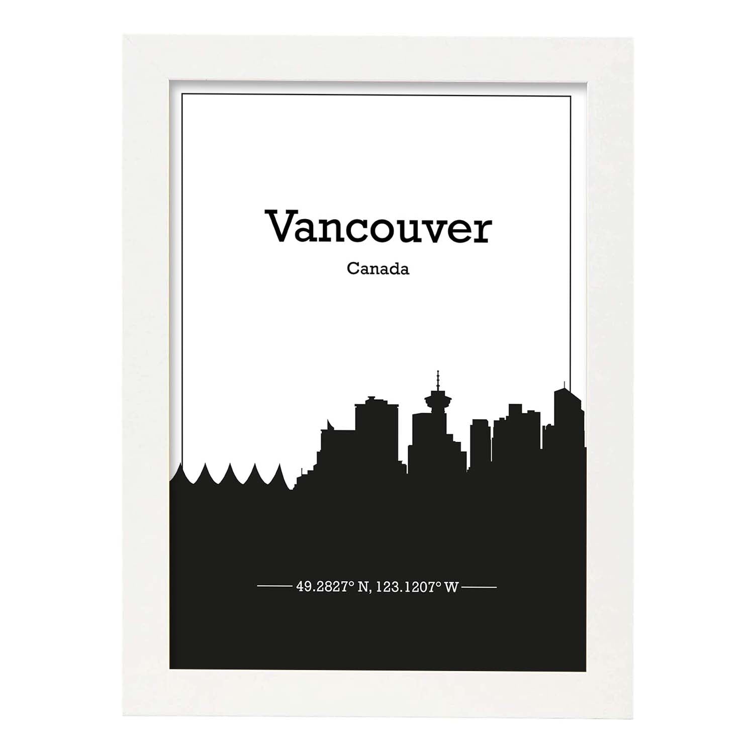 Poster con mapa de Vancouver - Canada. Láminas con Skyline de ciudades de Estados Unidos, Canada, Mexico con sombra negra.-Artwork-Nacnic-A3-Marco Blanco-Nacnic Estudio SL