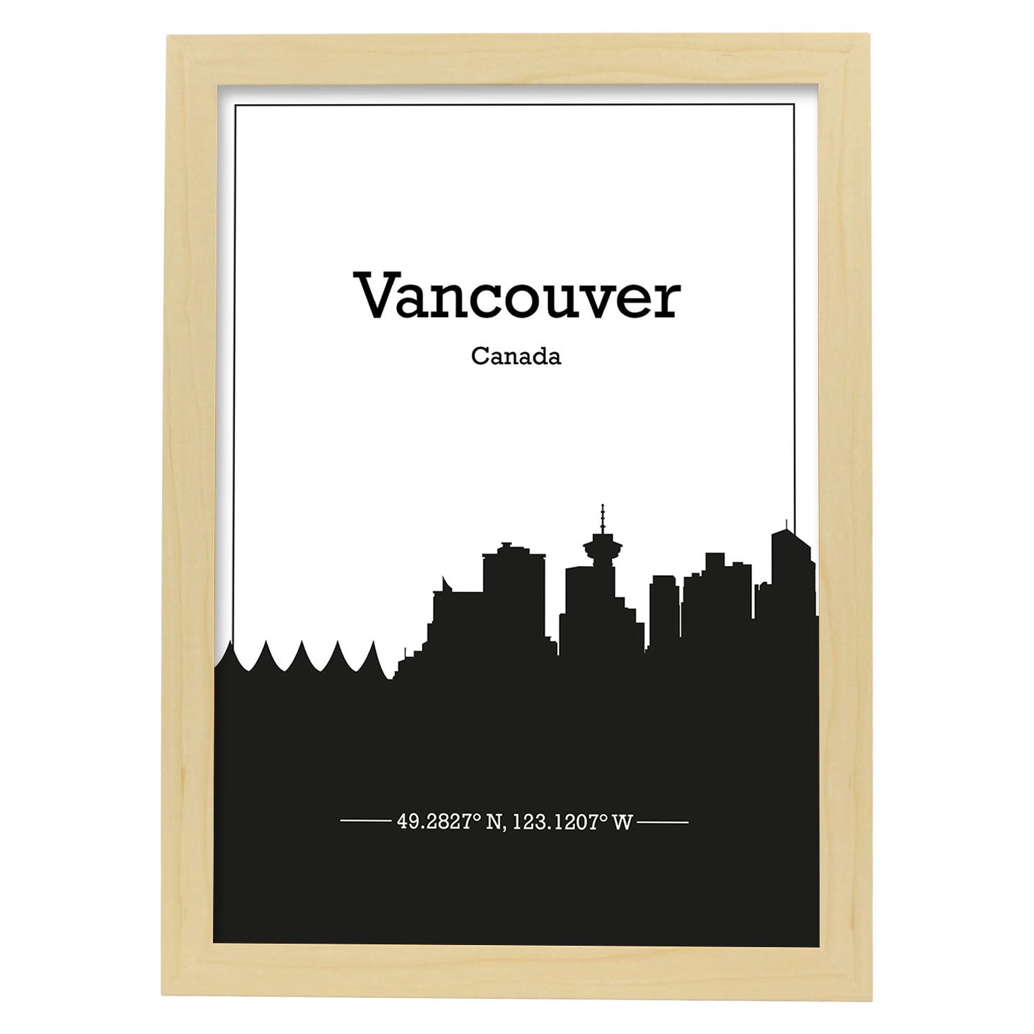 Poster con mapa de Vancouver - Canada. Láminas con Skyline de ciudades de Estados Unidos, Canada, Mexico con sombra negra.-Artwork-Nacnic-A3-Marco Madera clara-Nacnic Estudio SL