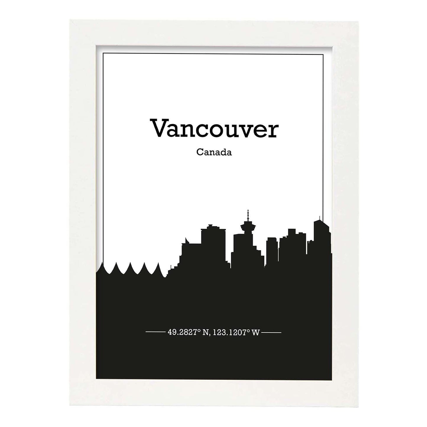 Poster con mapa de Vancouver - Canada. Láminas con Skyline de ciudades de Estados Unidos, Canada, Mexico con sombra negra.-Artwork-Nacnic-A4-Marco Blanco-Nacnic Estudio SL