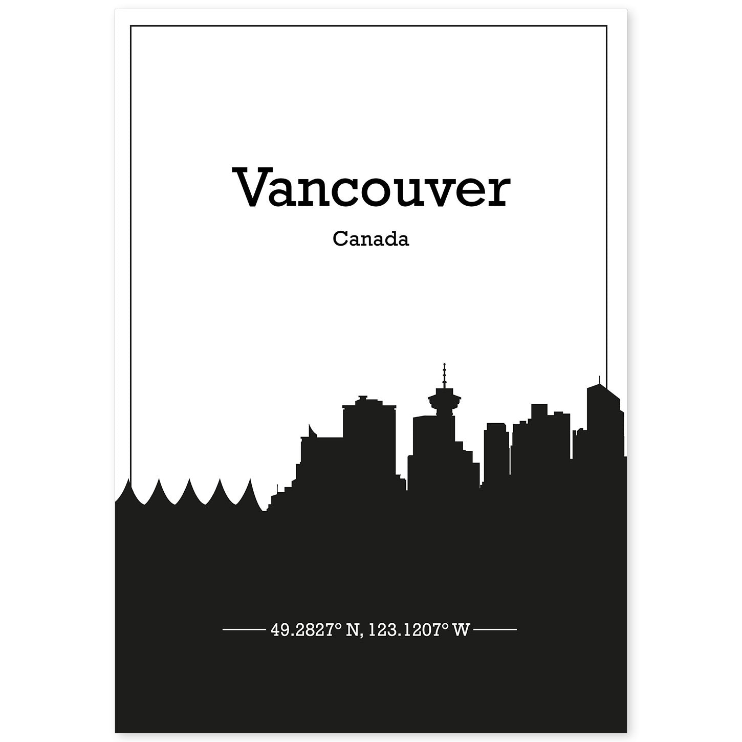 Poster con mapa de Vancouver - Canada. Láminas con Skyline de ciudades de Estados Unidos, Canada, Mexico con sombra negra.-Artwork-Nacnic-A4-Sin marco-Nacnic Estudio SL