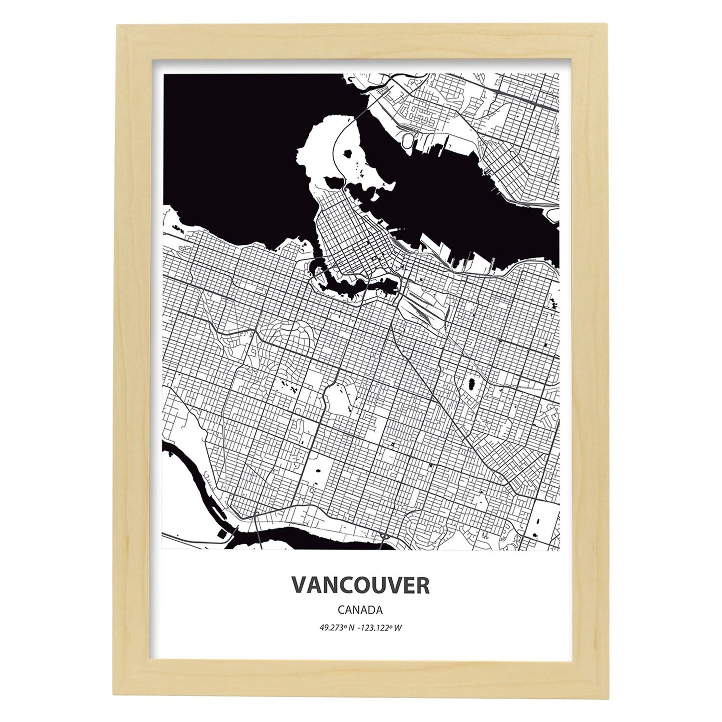 Poster con mapa de Vancouver - Canada. Láminas de ciudades de Canada con mares y ríos en color negro.-Artwork-Nacnic-A3-Marco Madera clara-Nacnic Estudio SL