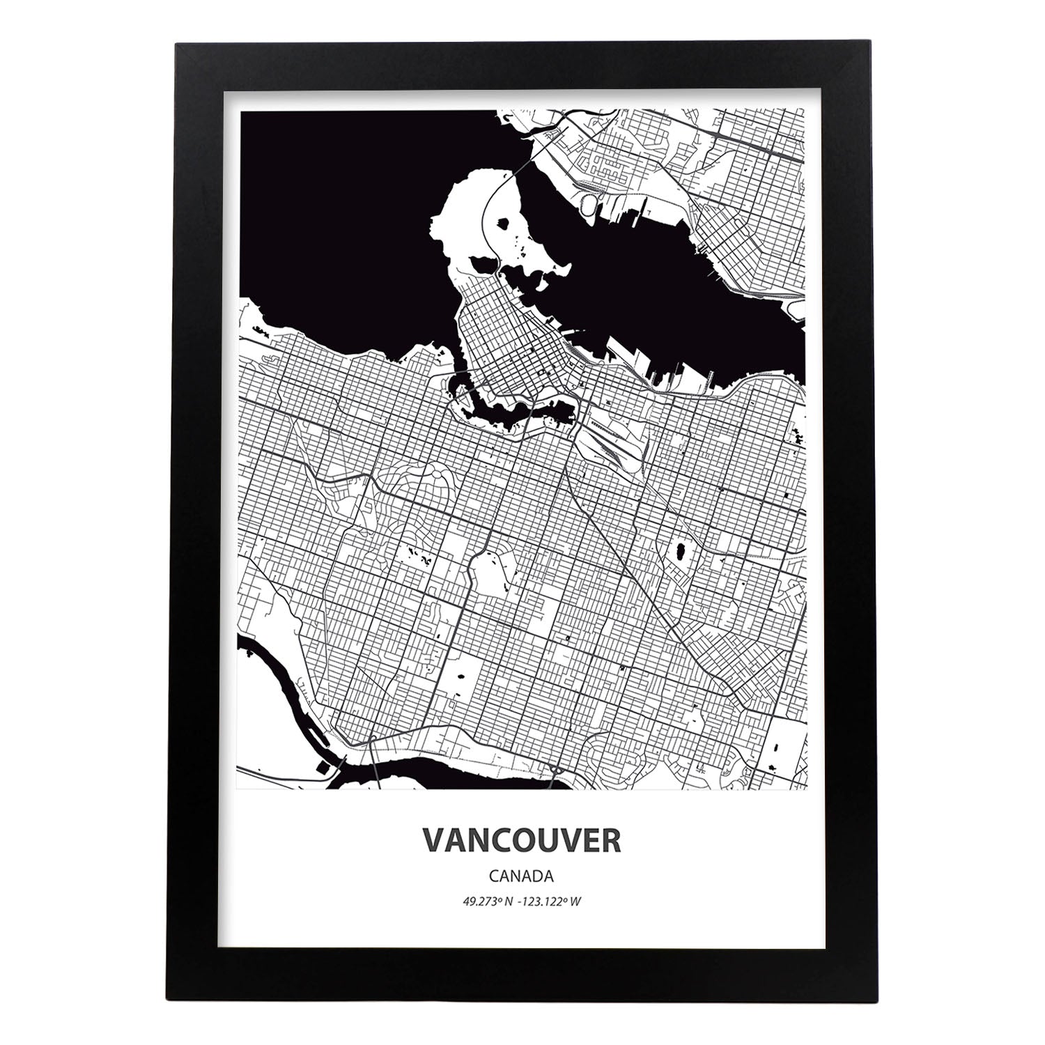 Poster con mapa de Vancouver - Canada. Láminas de ciudades de Canada con mares y ríos en color negro.-Artwork-Nacnic-A3-Marco Negro-Nacnic Estudio SL