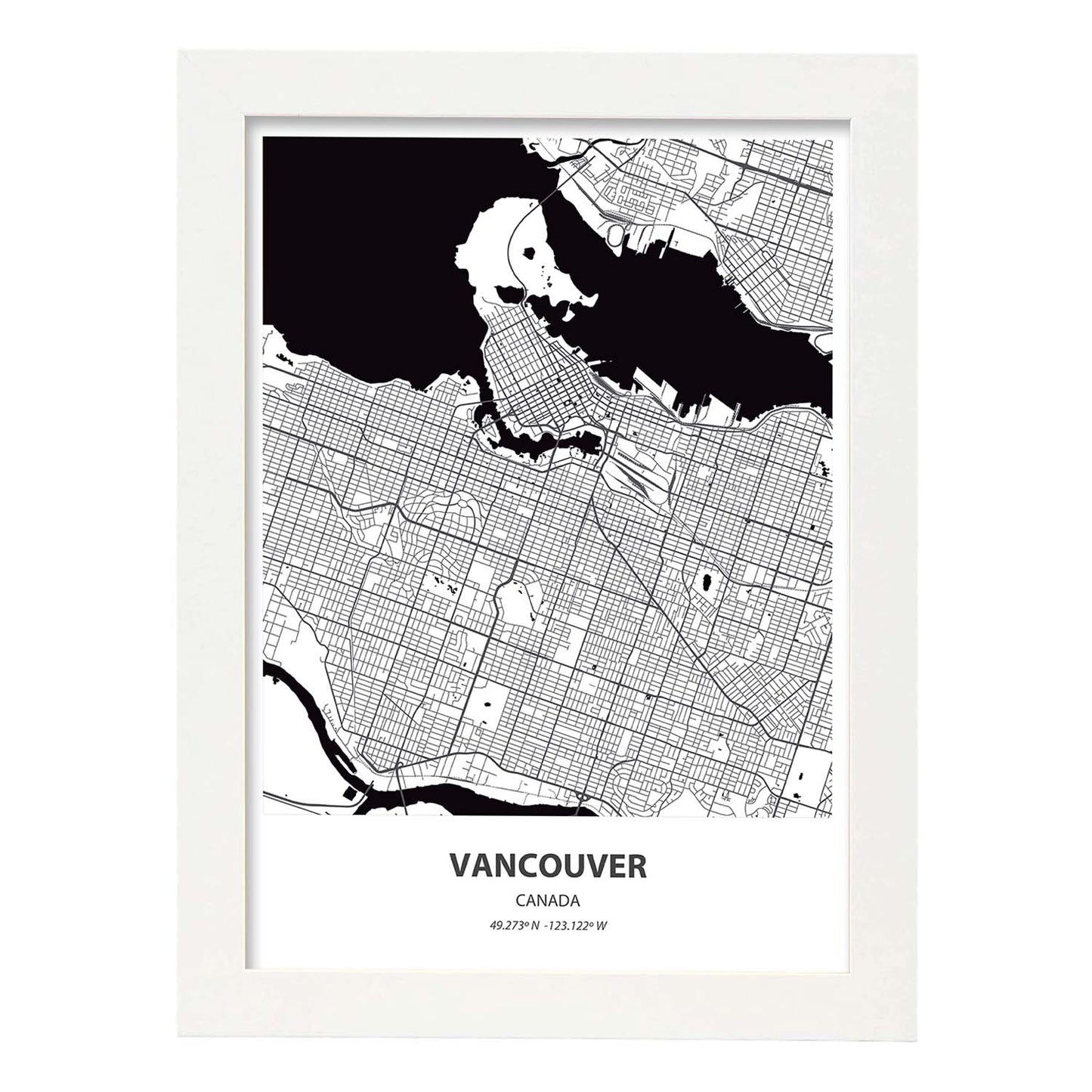 Poster con mapa de Vancouver - Canada. Láminas de ciudades de Canada con mares y ríos en color negro.-Artwork-Nacnic-A4-Marco Blanco-Nacnic Estudio SL