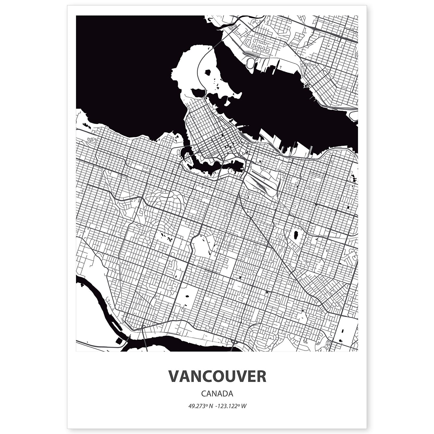 Poster con mapa de Vancouver - Canada. Láminas de ciudades de Canada con mares y ríos en color negro.-Artwork-Nacnic-A4-Sin marco-Nacnic Estudio SL