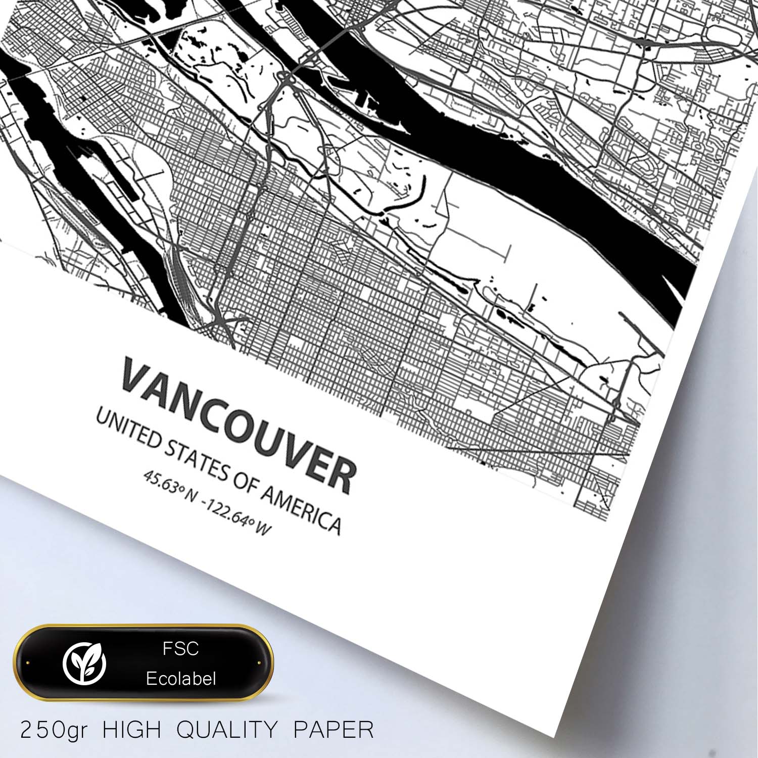 Poster con mapa de Vancouver - USA. Láminas de ciudades de Estados Unidos con mares y ríos en color negro.-Artwork-Nacnic-Nacnic Estudio SL