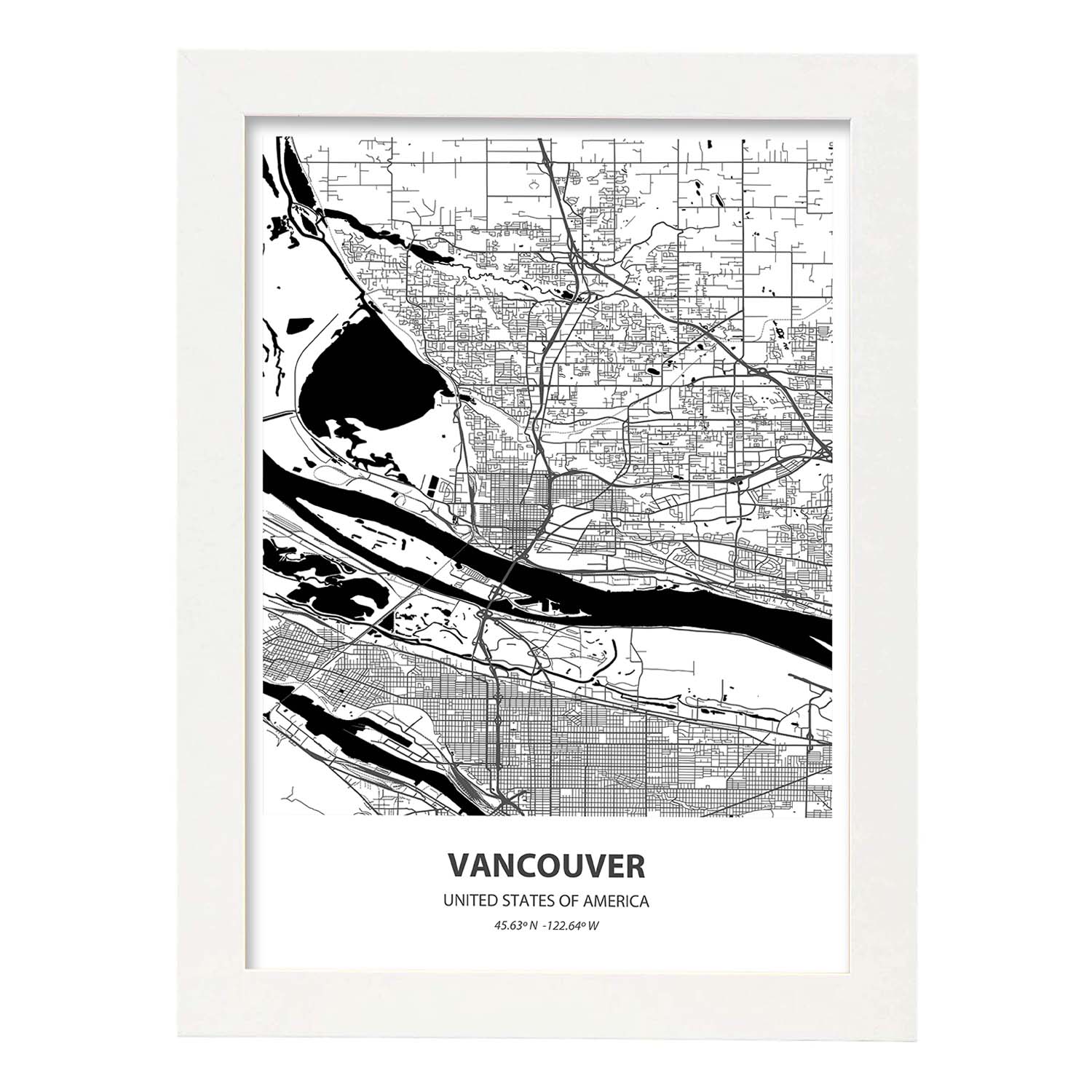 Poster con mapa de Vancouver - USA. Láminas de ciudades de Estados Unidos con mares y ríos en color negro.-Artwork-Nacnic-A3-Marco Blanco-Nacnic Estudio SL