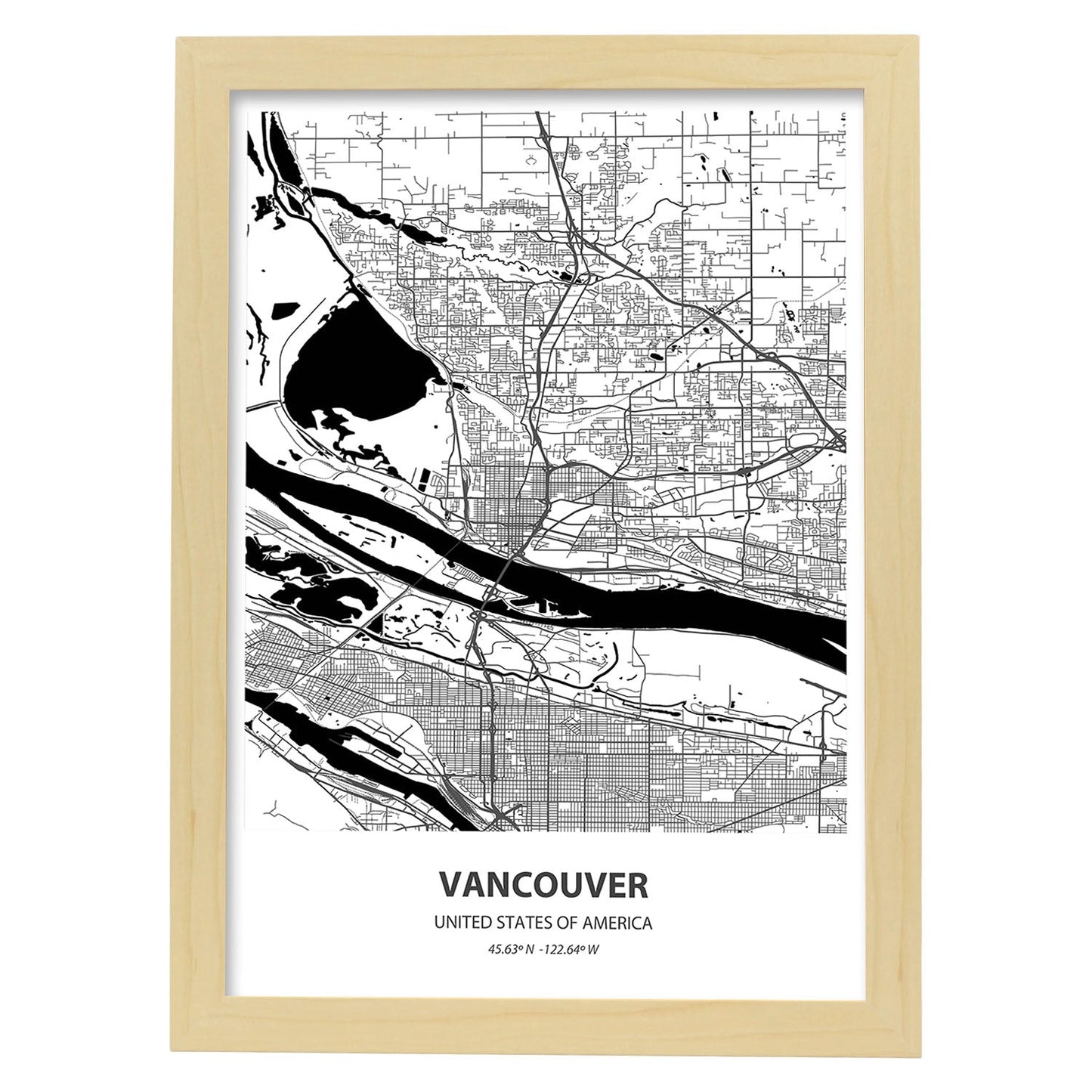 Poster con mapa de Vancouver - USA. Láminas de ciudades de Estados Unidos con mares y ríos en color negro.-Artwork-Nacnic-A3-Marco Madera clara-Nacnic Estudio SL