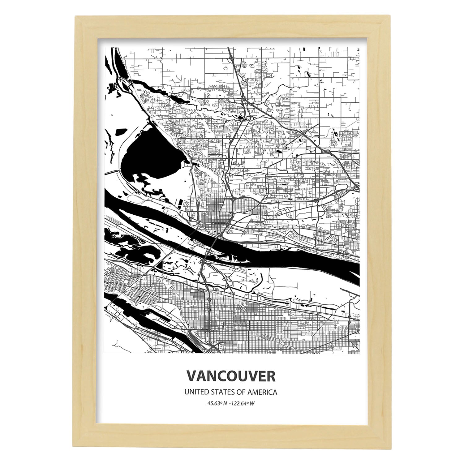 Poster con mapa de Vancouver - USA. Láminas de ciudades de Estados Unidos con mares y ríos en color negro.-Artwork-Nacnic-A3-Marco Madera clara-Nacnic Estudio SL