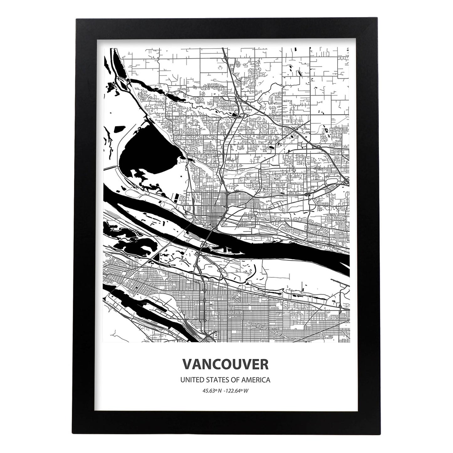 Poster con mapa de Vancouver - USA. Láminas de ciudades de Estados Unidos con mares y ríos en color negro.-Artwork-Nacnic-A3-Marco Negro-Nacnic Estudio SL