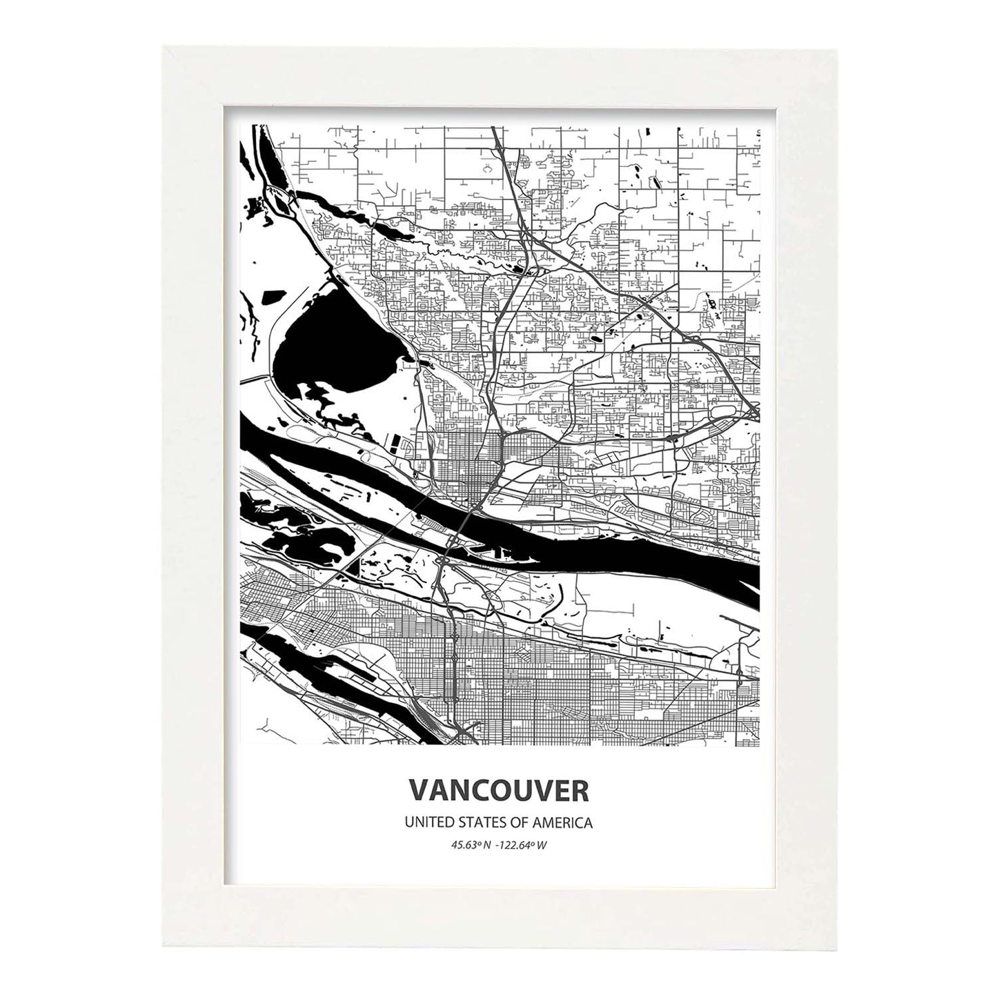 Poster con mapa de Vancouver - USA. Láminas de ciudades de Estados Unidos con mares y ríos en color negro.-Artwork-Nacnic-A4-Marco Blanco-Nacnic Estudio SL