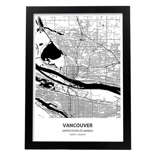 Poster con mapa de Vancouver - USA. Láminas de ciudades de Estados Unidos con mares y ríos en color negro.-Artwork-Nacnic-A4-Marco Negro-Nacnic Estudio SL
