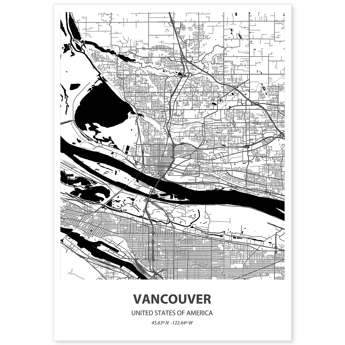Poster con mapa de Vancouver - USA. Láminas de ciudades de Estados Unidos con mares y ríos en color negro.-Artwork-Nacnic-A4-Sin marco-Nacnic Estudio SL