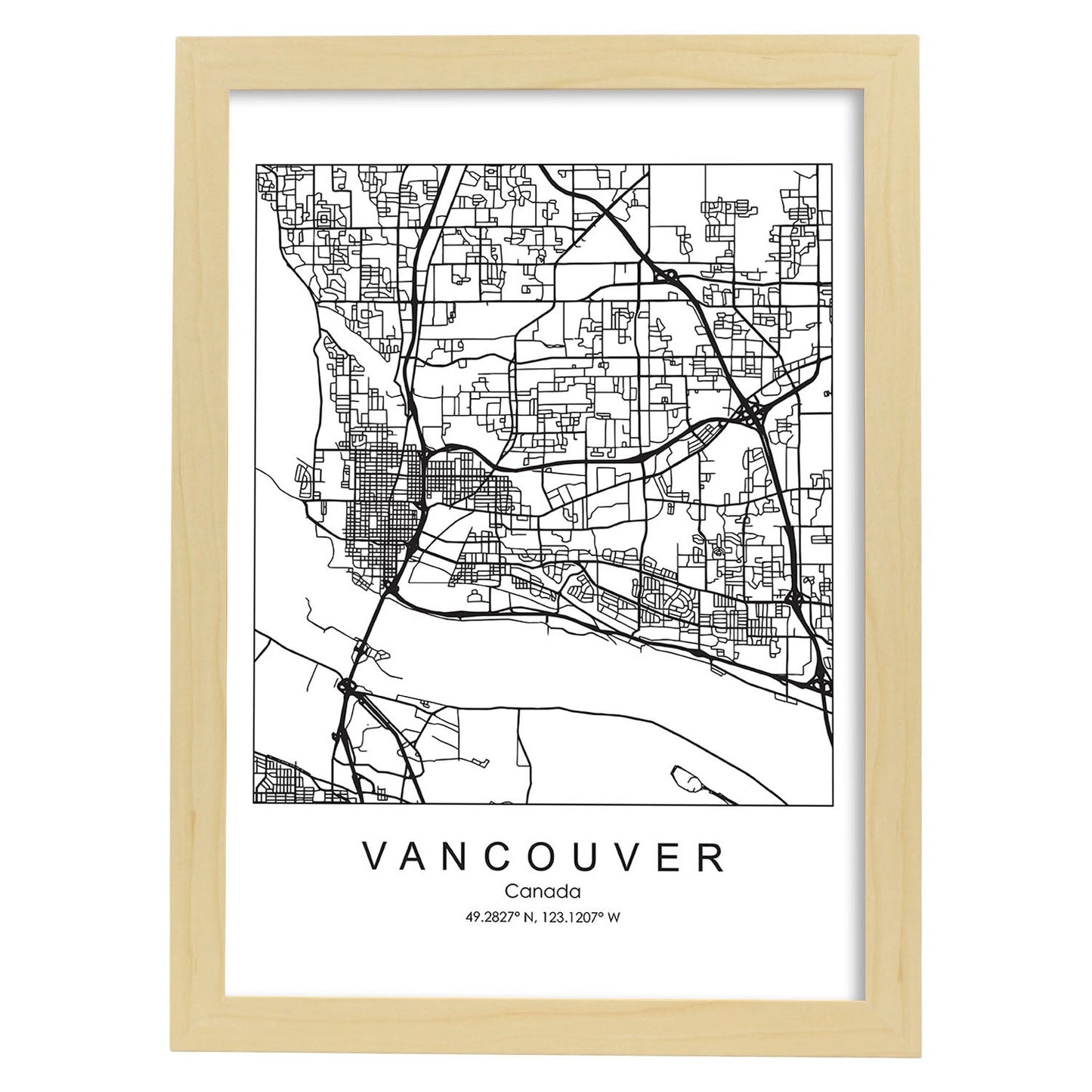 Poster con mapa de Vancouver. Lámina de Estados Unidos, con imágenes de mapas y carreteras-Artwork-Nacnic-A3-Marco Madera clara-Nacnic Estudio SL