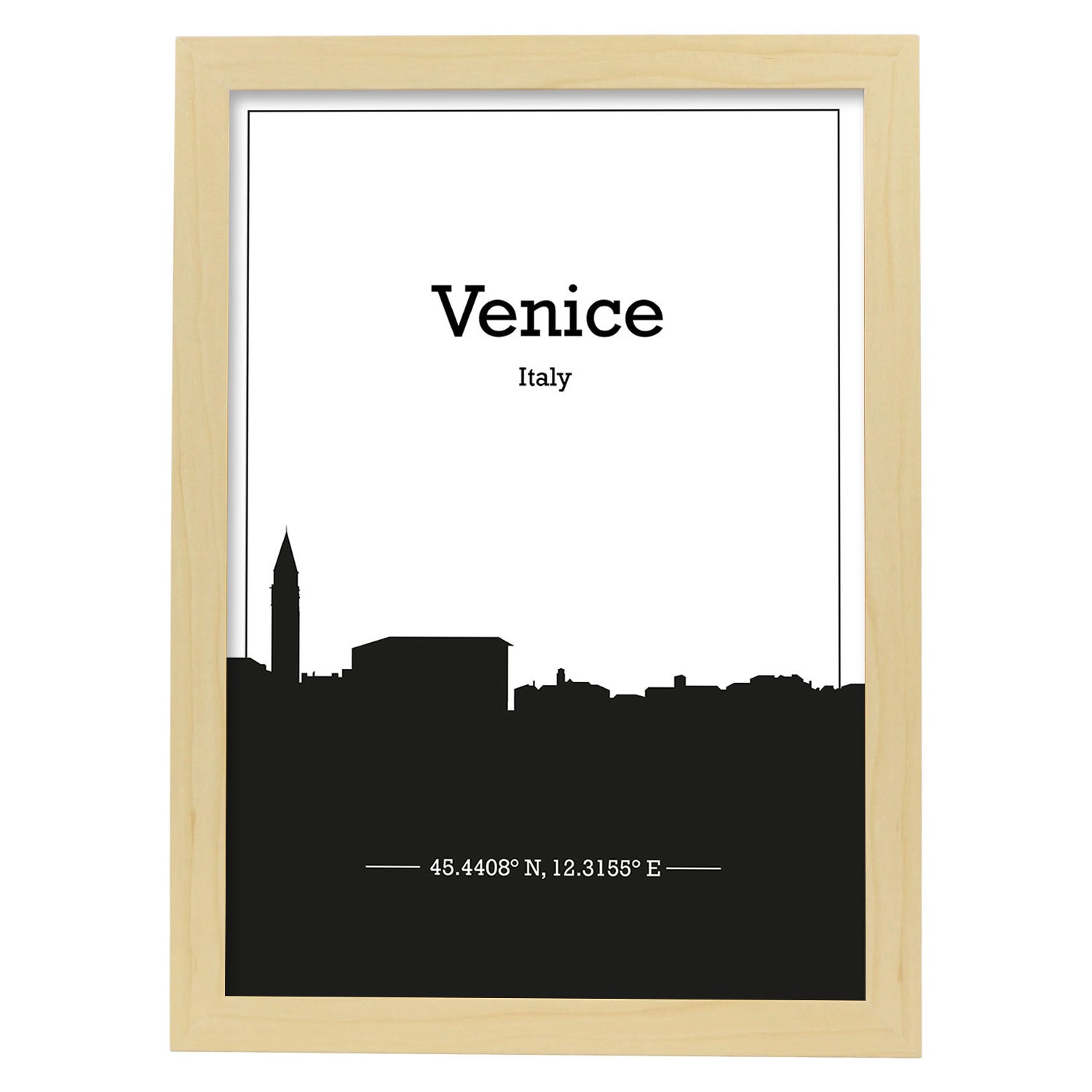 Poster con mapa de Venice - Italia. Láminas con Skyline de ciudades de Italia con sombra negra.-Artwork-Nacnic-A4-Marco Madera clara-Nacnic Estudio SL