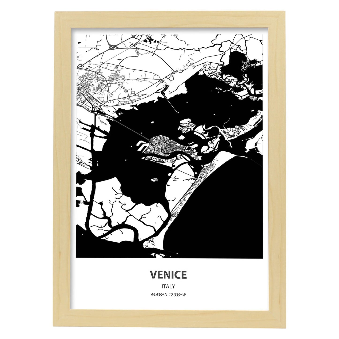 Poster con mapa de Venice - Italia. Láminas de ciudades de Italia con mares y ríos en color negro.-Artwork-Nacnic-A3-Marco Madera clara-Nacnic Estudio SL