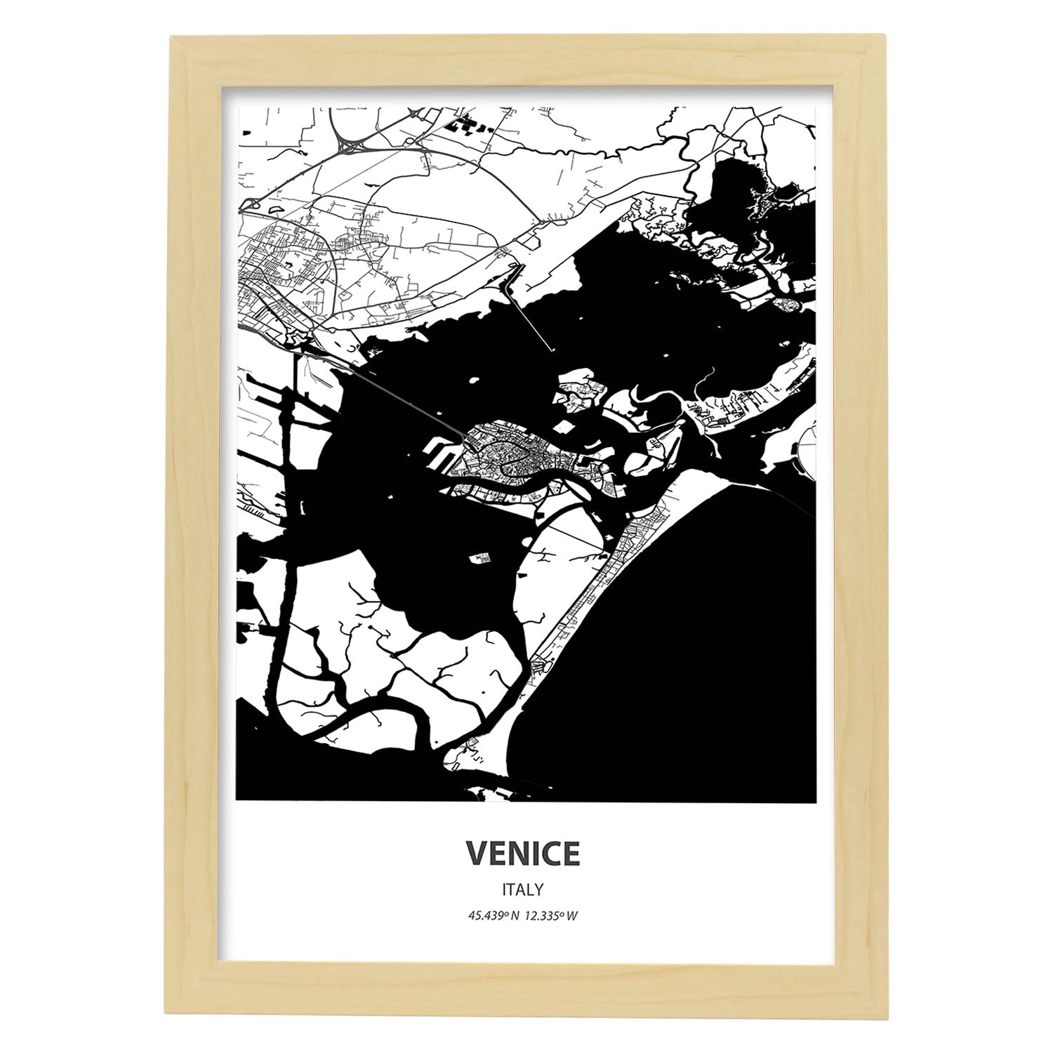 Poster con mapa de Venice - Italia. Láminas de ciudades de Italia con mares y ríos en color negro.-Artwork-Nacnic-A4-Marco Madera clara-Nacnic Estudio SL