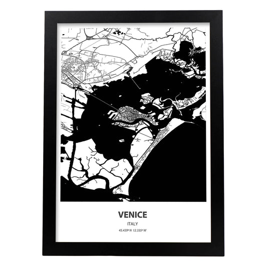Poster con mapa de Venice - Italia. Láminas de ciudades de Italia con mares y ríos en color negro.-Artwork-Nacnic-A4-Marco Negro-Nacnic Estudio SL