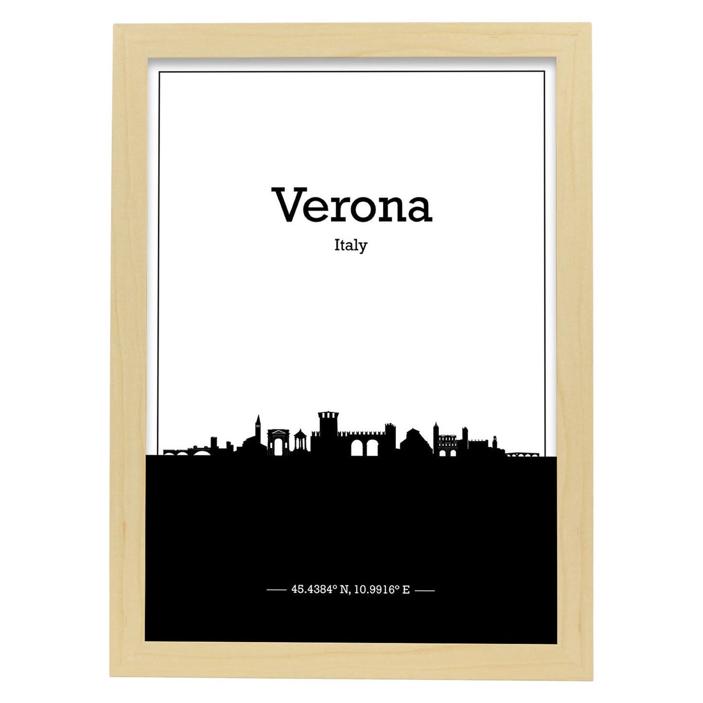Poster con mapa de Verona - Italia. Láminas con Skyline de ciudades de Italia con sombra negra.-Artwork-Nacnic-A3-Marco Madera clara-Nacnic Estudio SL