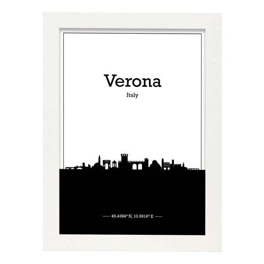 Poster con mapa de Verona - Italia. Láminas con Skyline de ciudades de Italia con sombra negra.-Artwork-Nacnic-A4-Marco Blanco-Nacnic Estudio SL