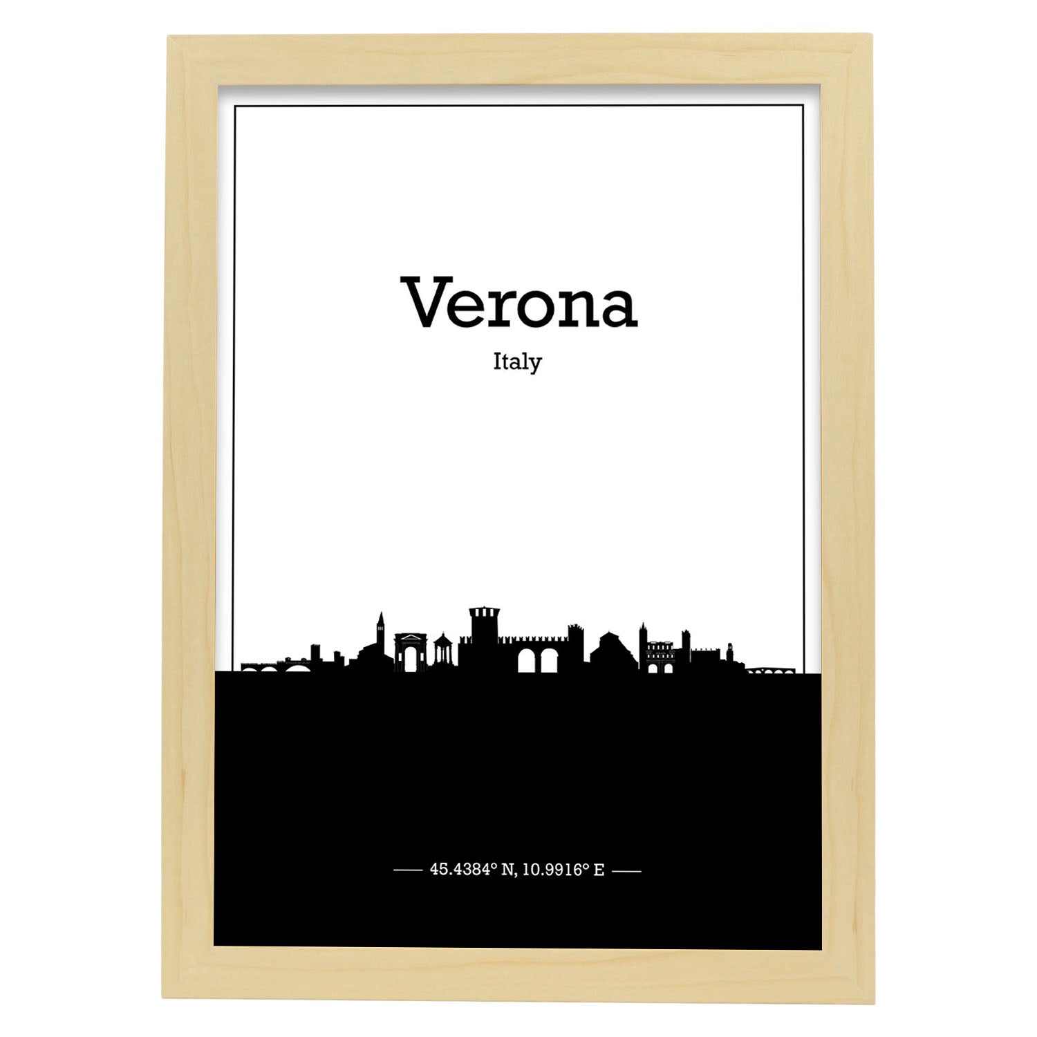 Poster con mapa de Verona - Italia. Láminas con Skyline de ciudades de Italia con sombra negra.-Artwork-Nacnic-A4-Marco Madera clara-Nacnic Estudio SL