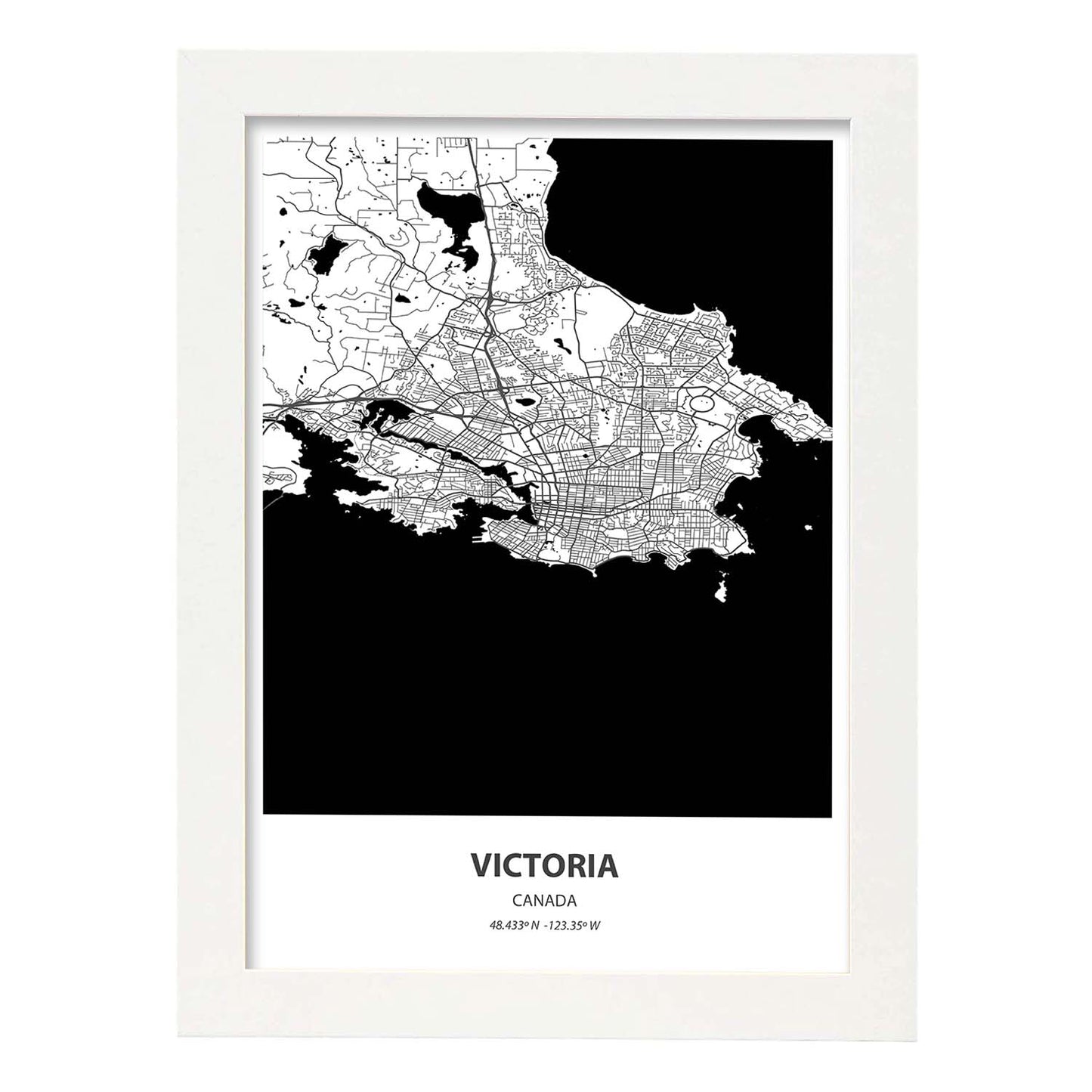 Poster con mapa de Victoria - Canada. Láminas de ciudades de Canada con mares y ríos en color negro.-Artwork-Nacnic-A3-Marco Blanco-Nacnic Estudio SL