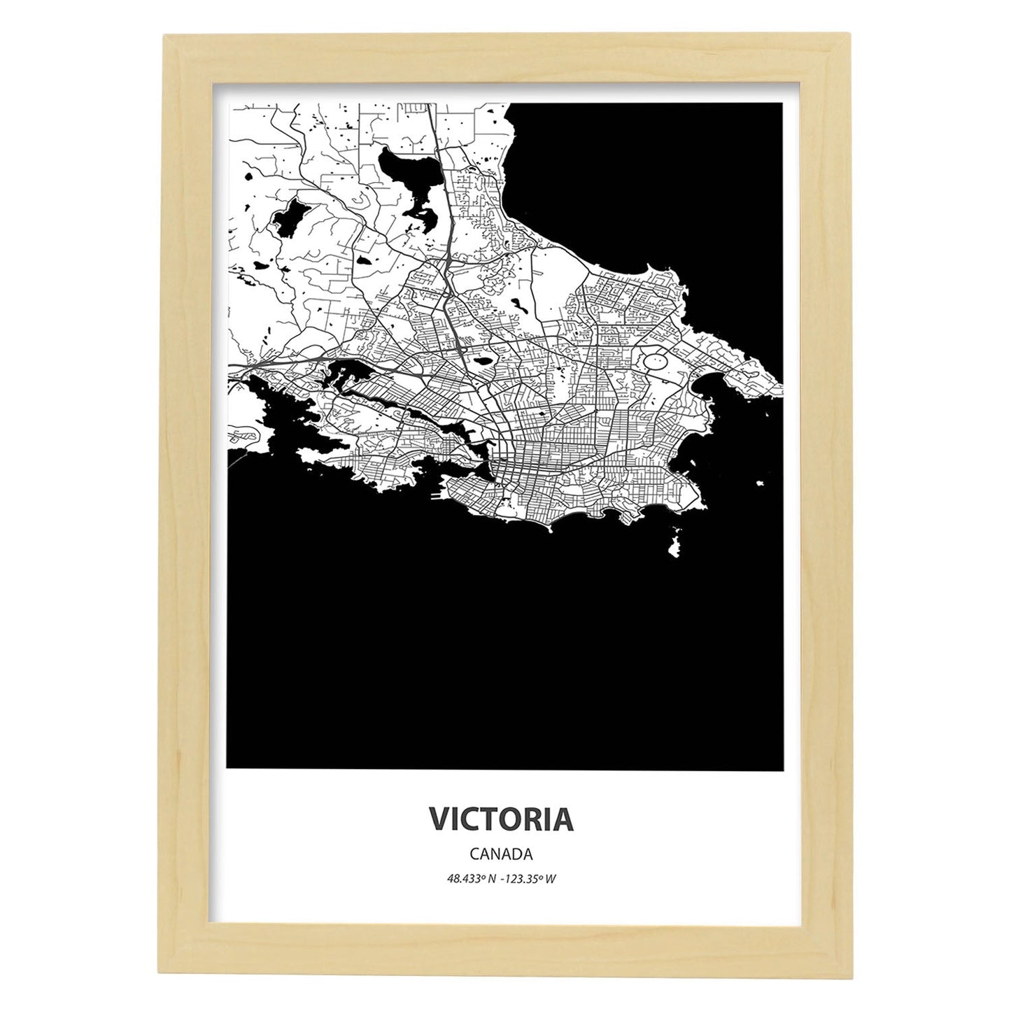 Poster con mapa de Victoria - Canada. Láminas de ciudades de Canada con mares y ríos en color negro.-Artwork-Nacnic-A3-Marco Madera clara-Nacnic Estudio SL