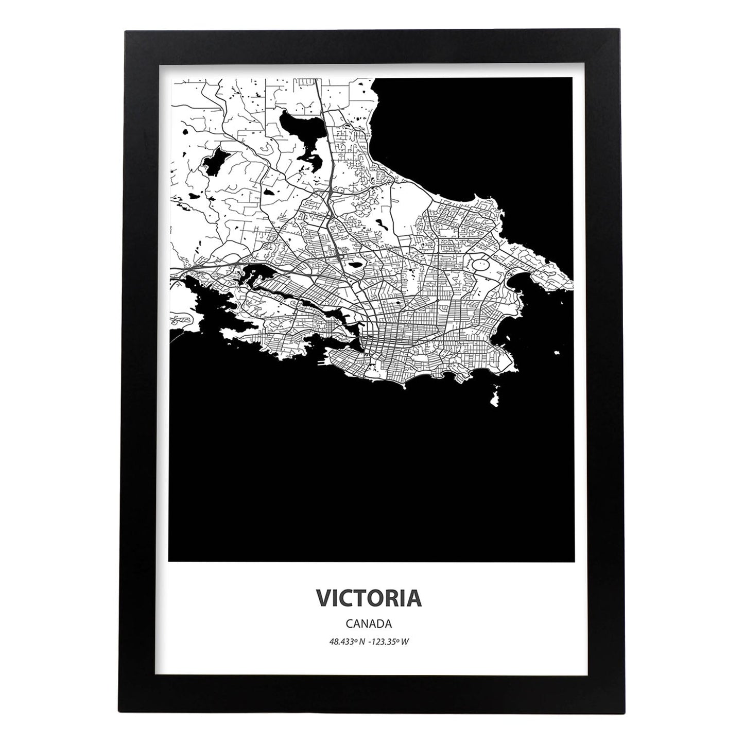 Poster con mapa de Victoria - Canada. Láminas de ciudades de Canada con mares y ríos en color negro.-Artwork-Nacnic-A3-Marco Negro-Nacnic Estudio SL
