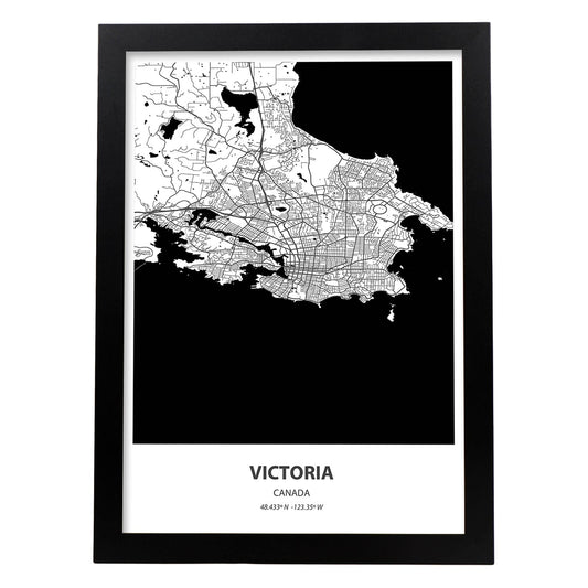 Poster con mapa de Victoria - Canada. Láminas de ciudades de Canada con mares y ríos en color negro.-Artwork-Nacnic-A4-Marco Negro-Nacnic Estudio SL