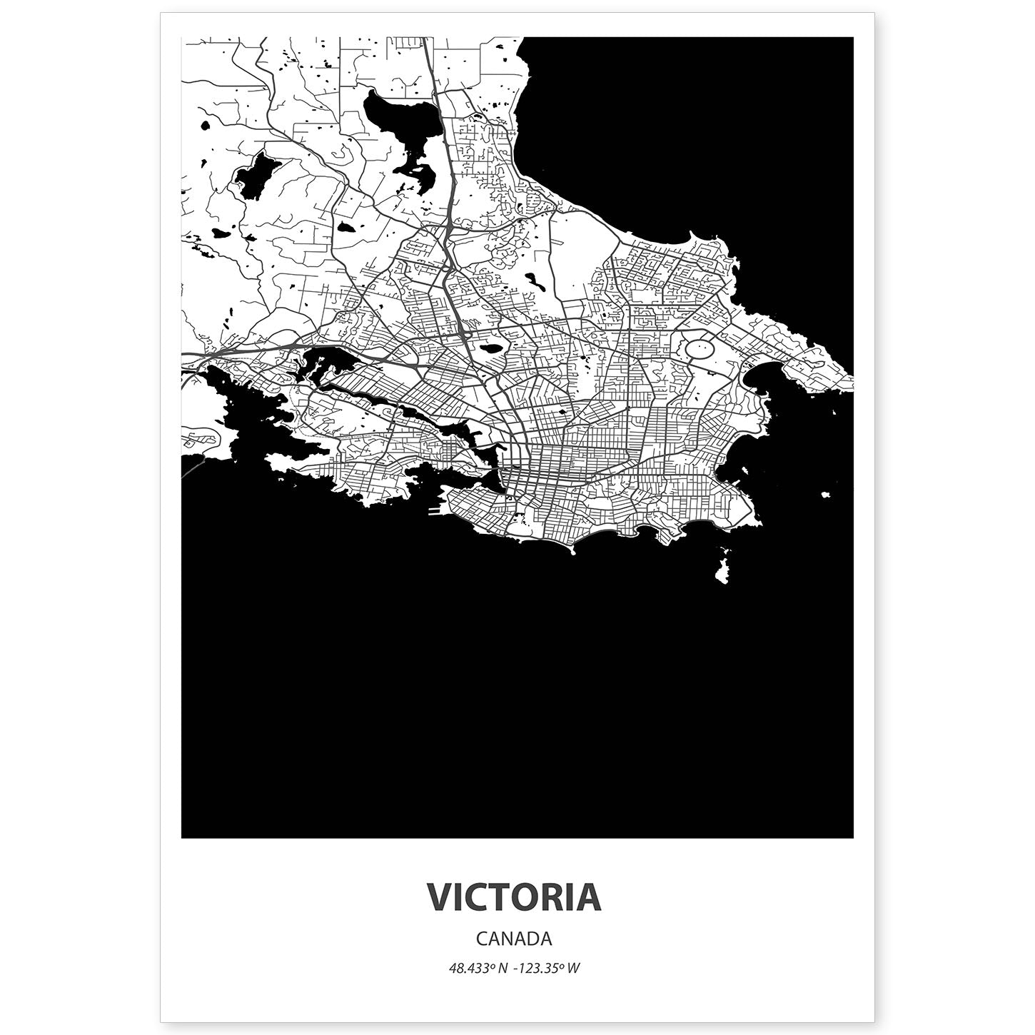 Poster con mapa de Victoria - Canada. Láminas de ciudades de Canada con mares y ríos en color negro.-Artwork-Nacnic-A4-Sin marco-Nacnic Estudio SL