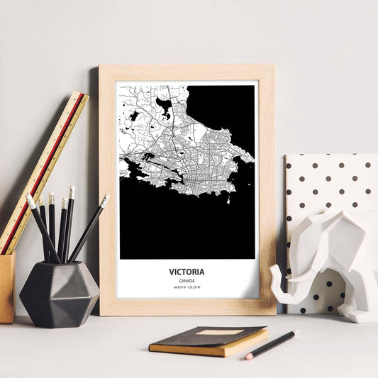 Poster con mapa de Victoria - Canada. Láminas de ciudades de Canada con mares y ríos en color negro.-Artwork-Nacnic-Nacnic Estudio SL