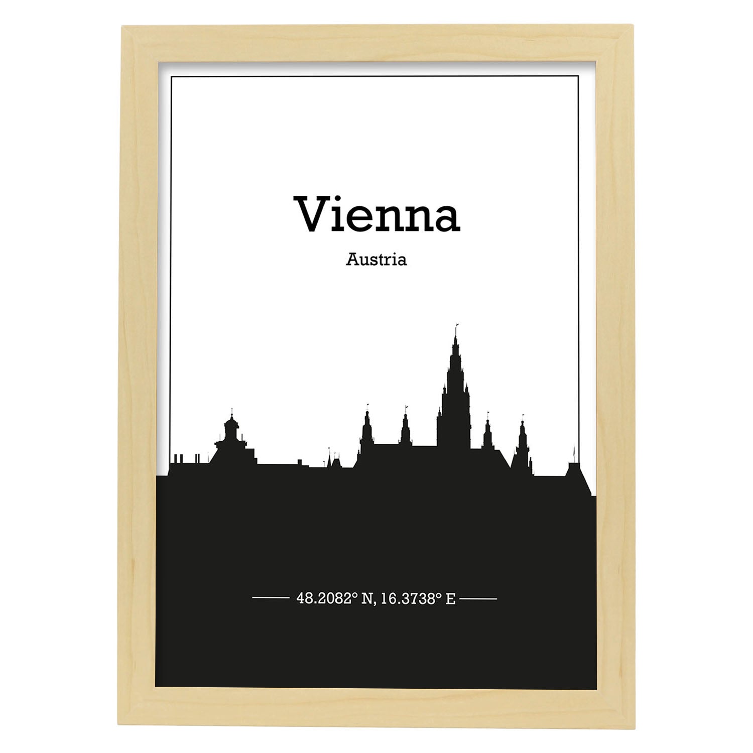 Poster con mapa de Vienna - Austria. Láminas con Skyline de ciudades de Europa con sombra negra.-Artwork-Nacnic-A3-Marco Madera clara-Nacnic Estudio SL