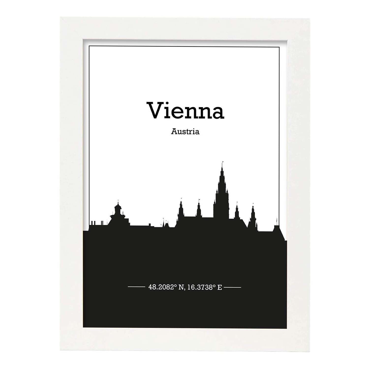 Poster con mapa de Vienna - Austria. Láminas con Skyline de ciudades de Europa con sombra negra.-Artwork-Nacnic-A4-Marco Blanco-Nacnic Estudio SL