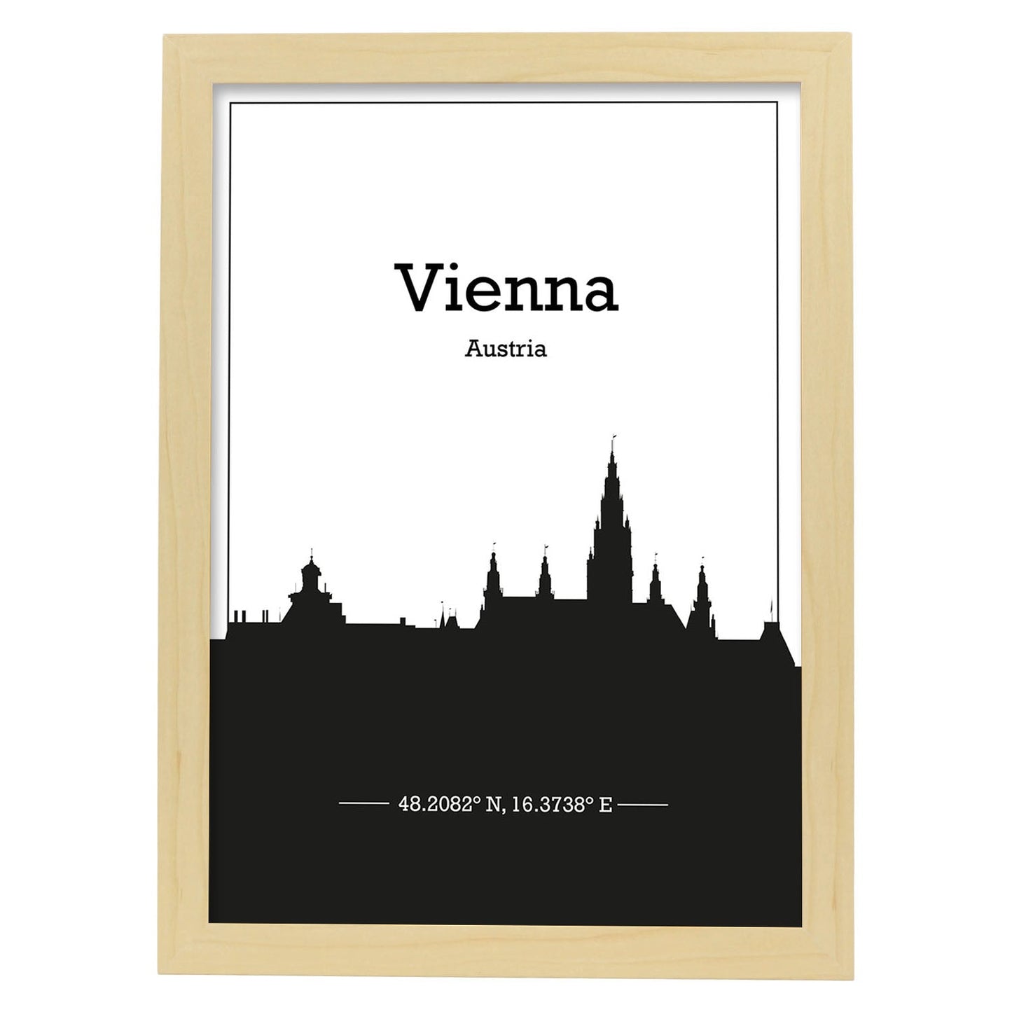 Poster con mapa de Vienna - Austria. Láminas con Skyline de ciudades de Europa con sombra negra.-Artwork-Nacnic-A4-Marco Madera clara-Nacnic Estudio SL
