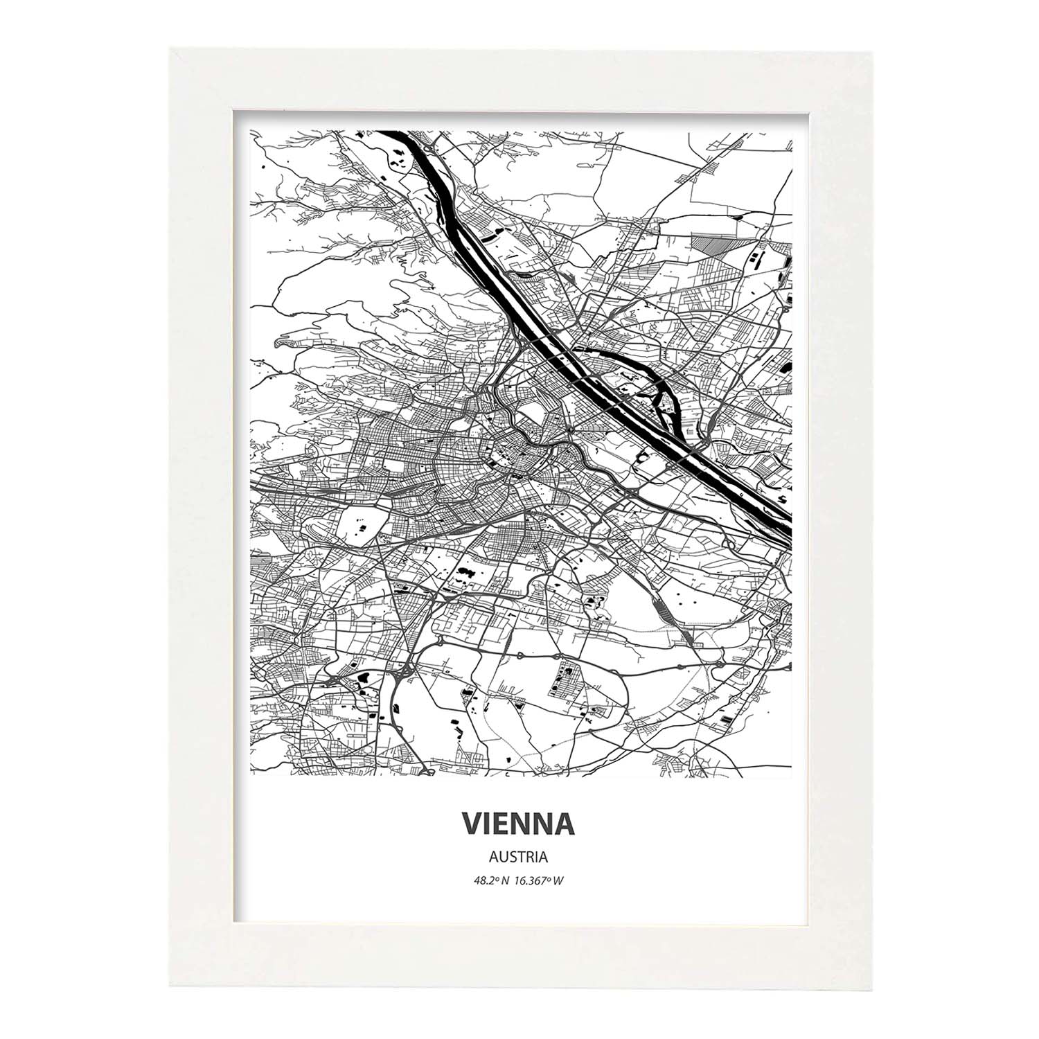 Poster con mapa de Vienna - Austria. Láminas de ciudades de Europa con mares y ríos en color negro.-Artwork-Nacnic-A3-Marco Blanco-Nacnic Estudio SL