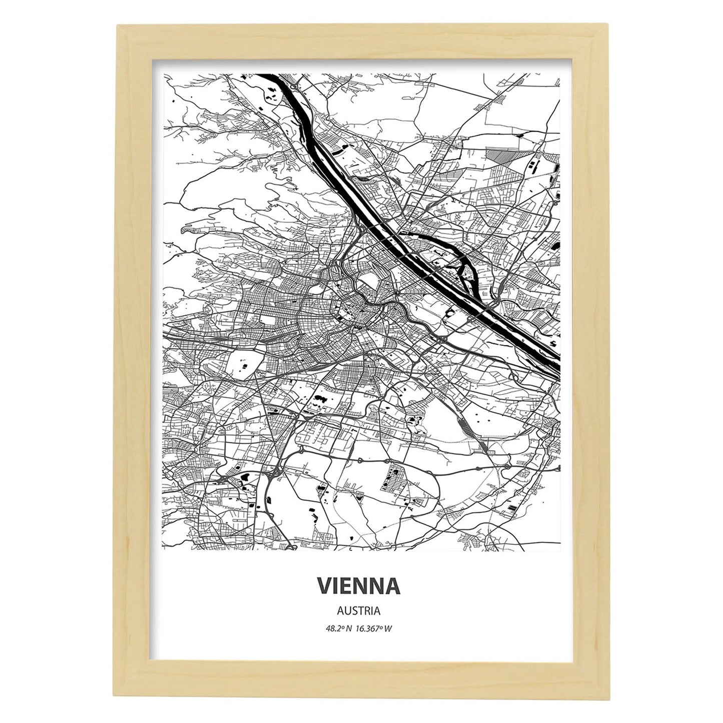 Poster con mapa de Vienna - Austria. Láminas de ciudades de Europa con mares y ríos en color negro.-Artwork-Nacnic-A3-Marco Madera clara-Nacnic Estudio SL