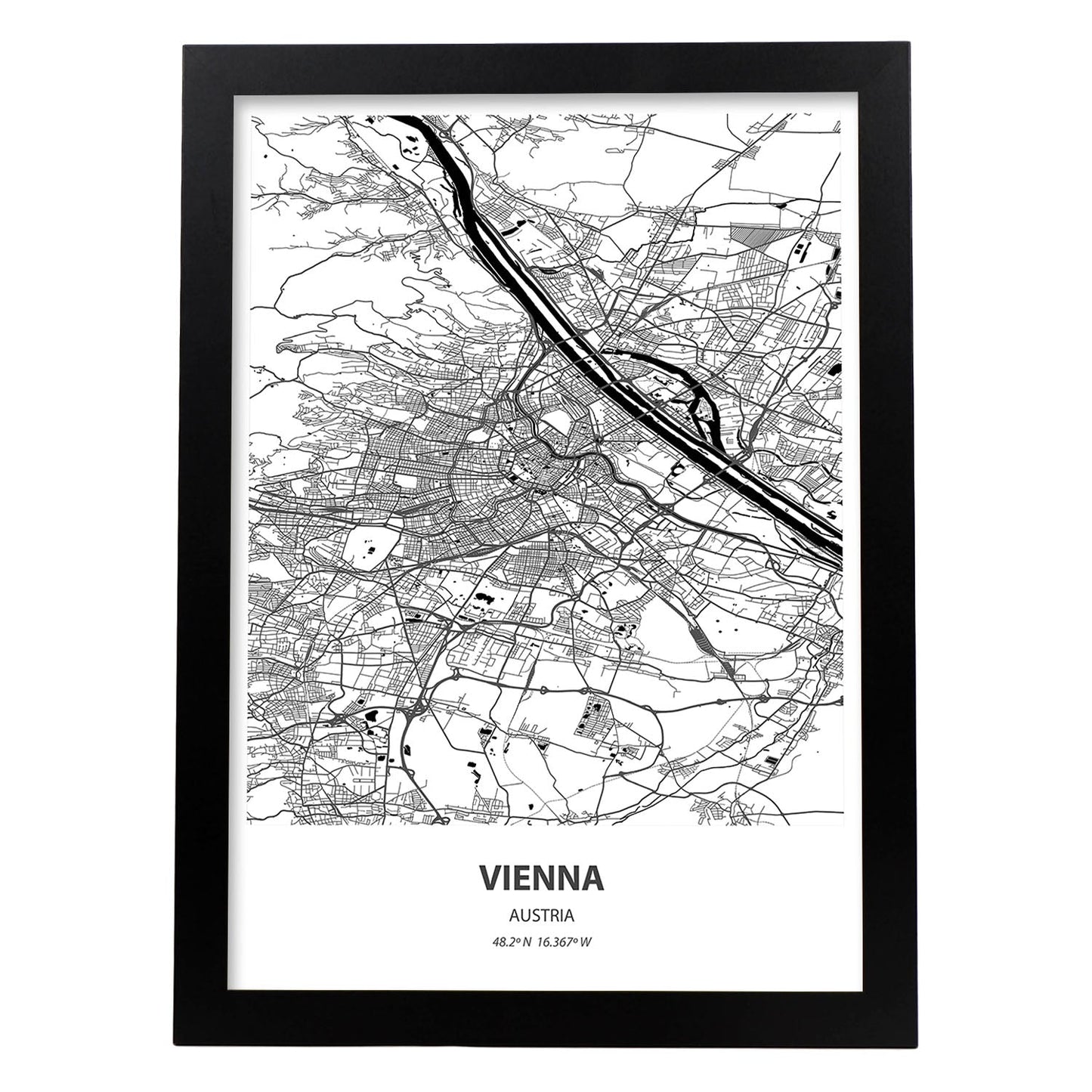 Poster con mapa de Vienna - Austria. Láminas de ciudades de Europa con mares y ríos en color negro.-Artwork-Nacnic-A3-Marco Negro-Nacnic Estudio SL
