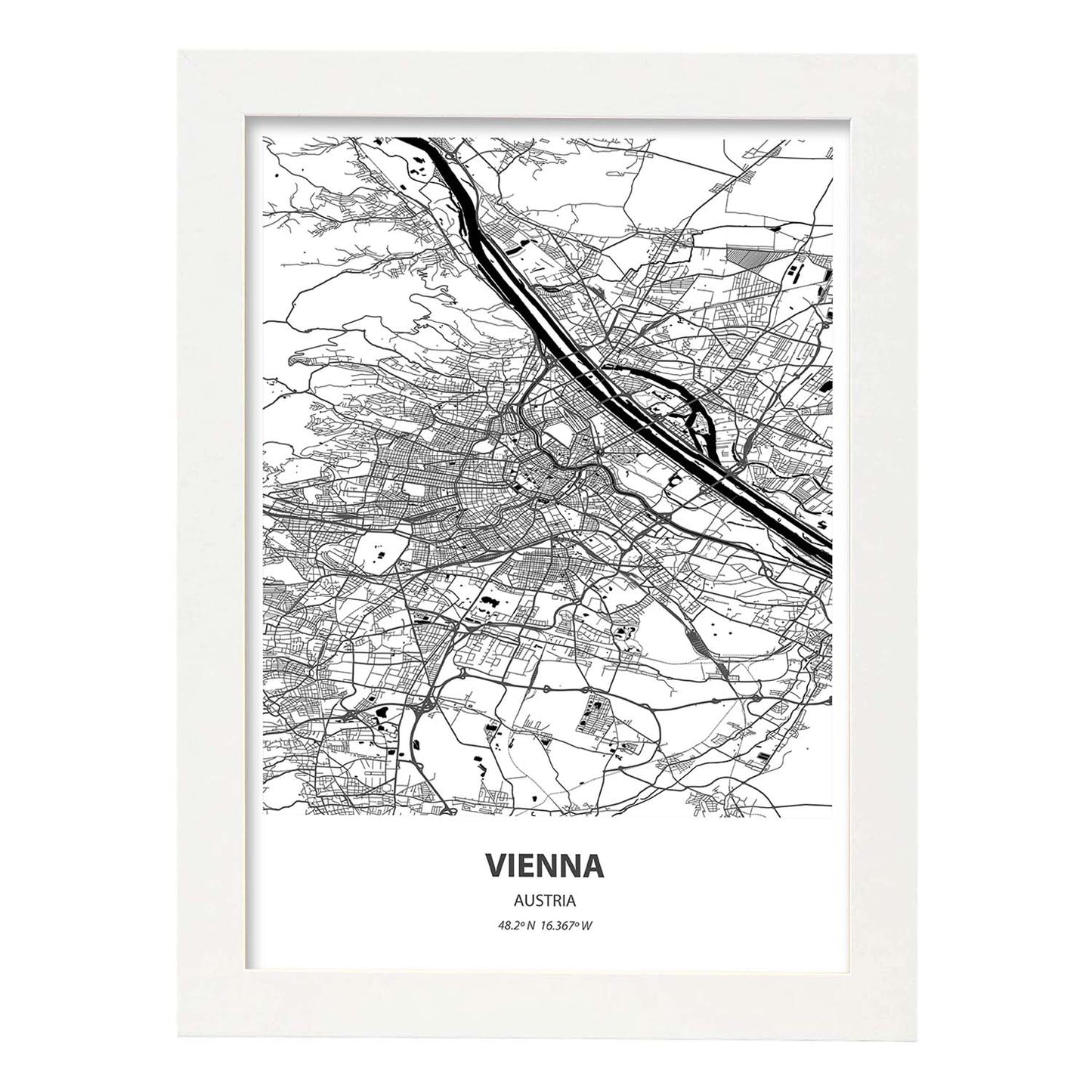 Poster con mapa de Vienna - Austria. Láminas de ciudades de Europa con mares y ríos en color negro.-Artwork-Nacnic-A4-Marco Blanco-Nacnic Estudio SL