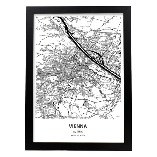 Poster con mapa de Vienna - Austria. Láminas de ciudades de Europa con mares y ríos en color negro.-Artwork-Nacnic-A4-Marco Negro-Nacnic Estudio SL