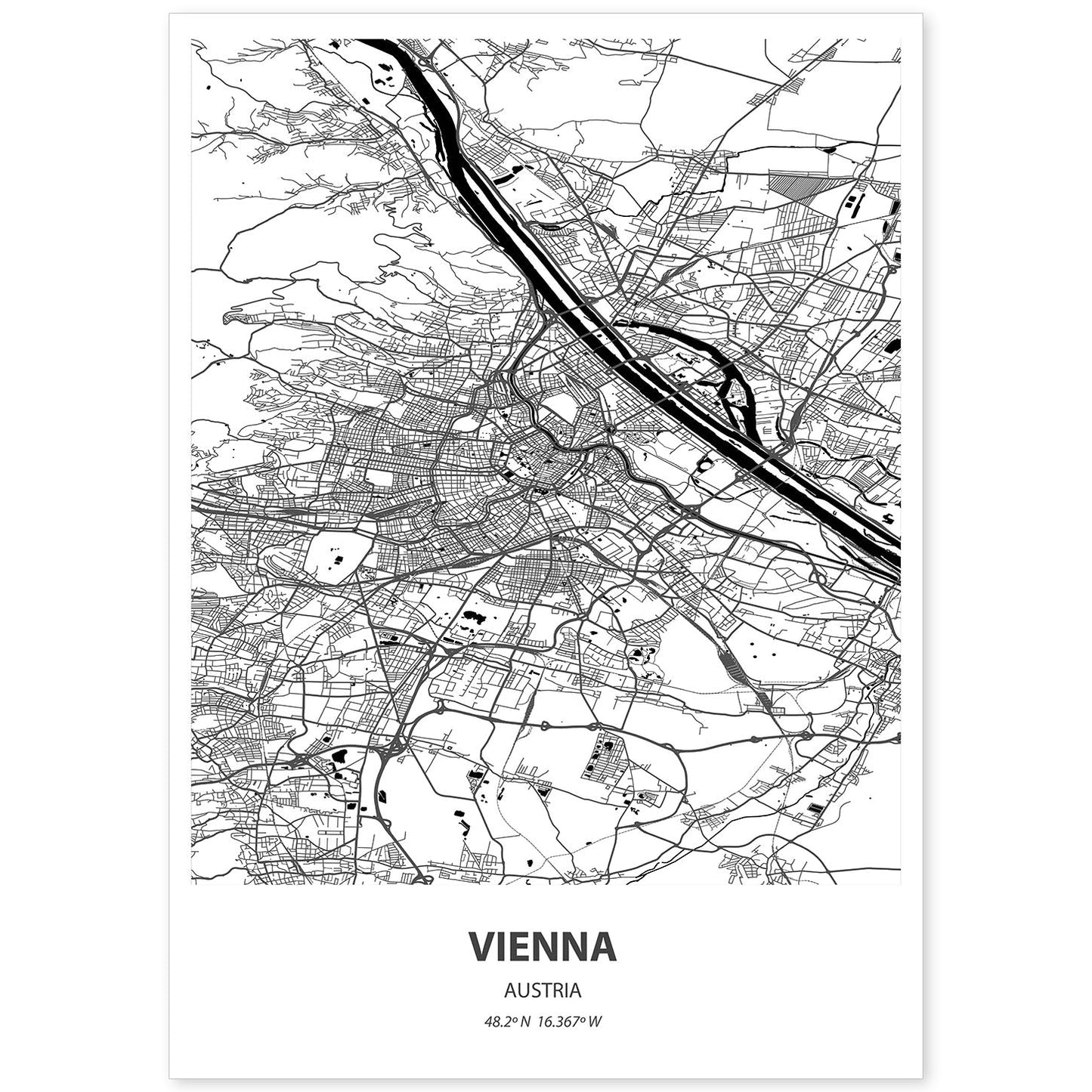 Poster con mapa de Vienna - Austria. Láminas de ciudades de Europa con mares y ríos en color negro.-Artwork-Nacnic-A4-Sin marco-Nacnic Estudio SL