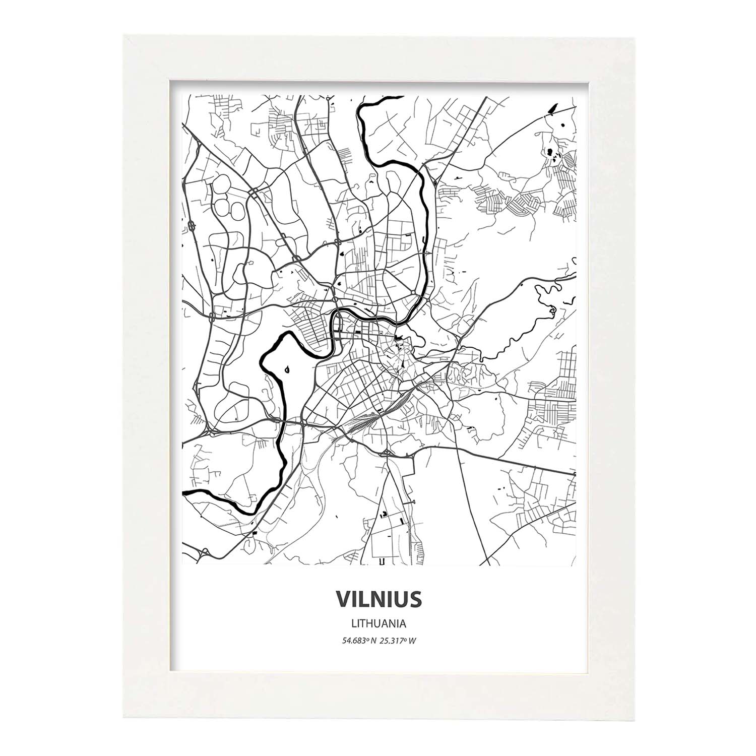 Poster con mapa de Vilnus - Lituania. Láminas de ciudades de Europa con mares y ríos en color negro.-Artwork-Nacnic-A3-Marco Blanco-Nacnic Estudio SL