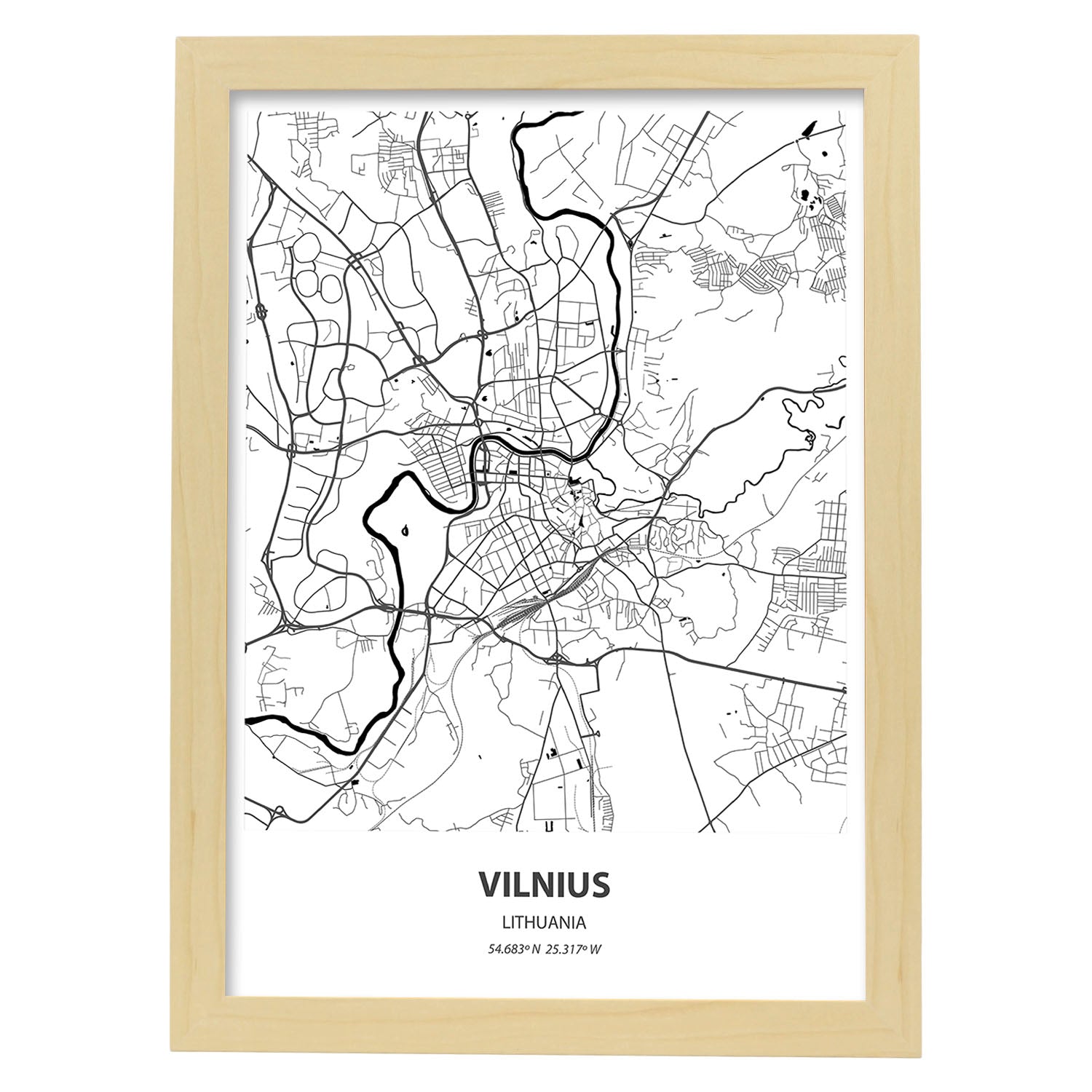 Poster con mapa de Vilnus - Lituania. Láminas de ciudades de Europa con mares y ríos en color negro.-Artwork-Nacnic-A3-Marco Madera clara-Nacnic Estudio SL
