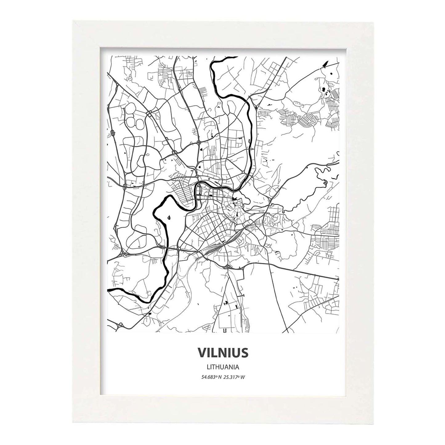 Poster con mapa de Vilnus - Lituania. Láminas de ciudades de Europa con mares y ríos en color negro.-Artwork-Nacnic-A4-Marco Blanco-Nacnic Estudio SL