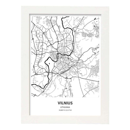 Poster con mapa de Vilnus - Lituania. Láminas de ciudades de Europa con mares y ríos en color negro.-Artwork-Nacnic-A4-Marco Blanco-Nacnic Estudio SL